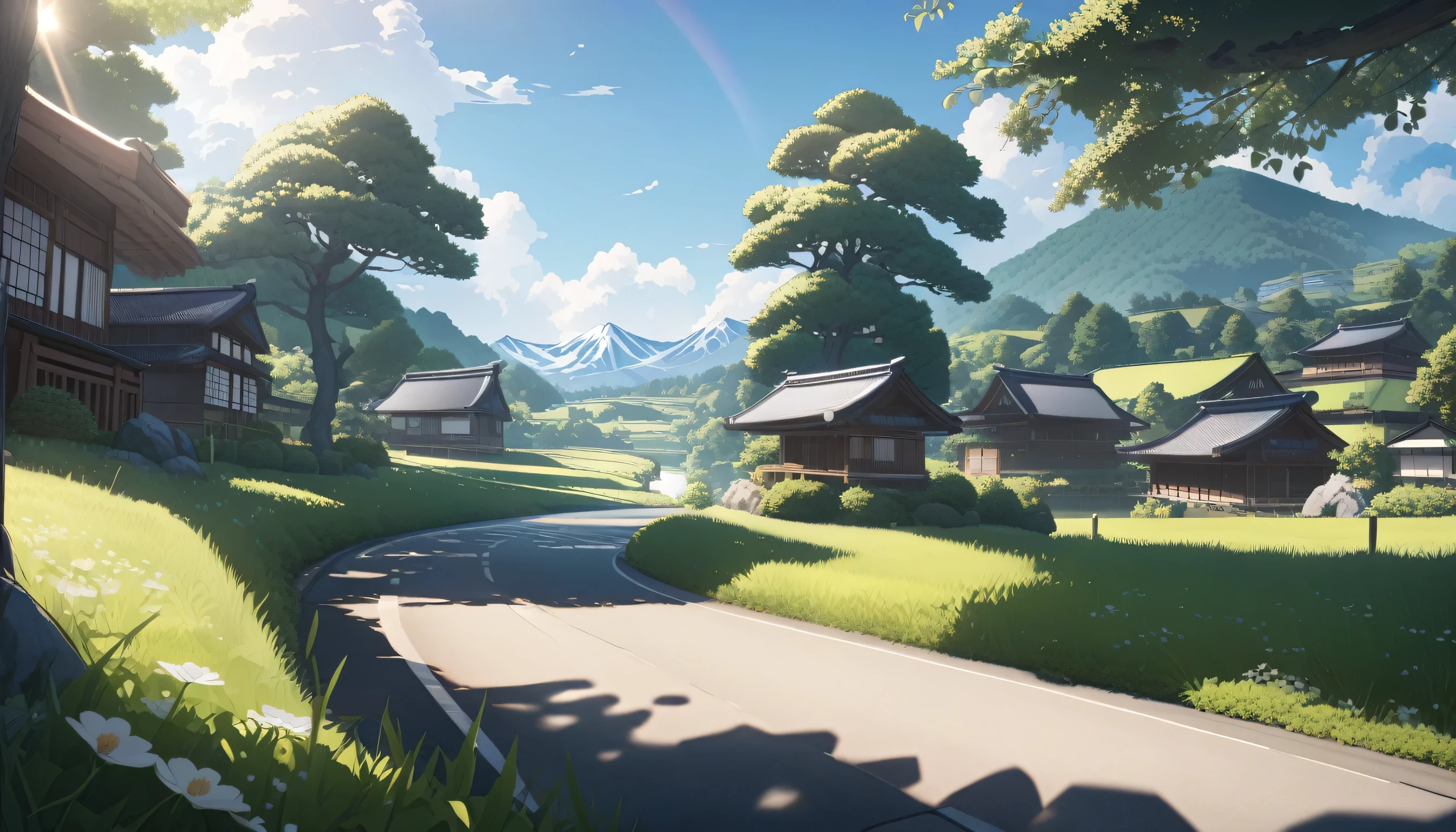 ultra-detailed, (professional lighting) hyper detailed, absurdres, 8k, noon, summer, Japanese Landscape, Road with rural scenery