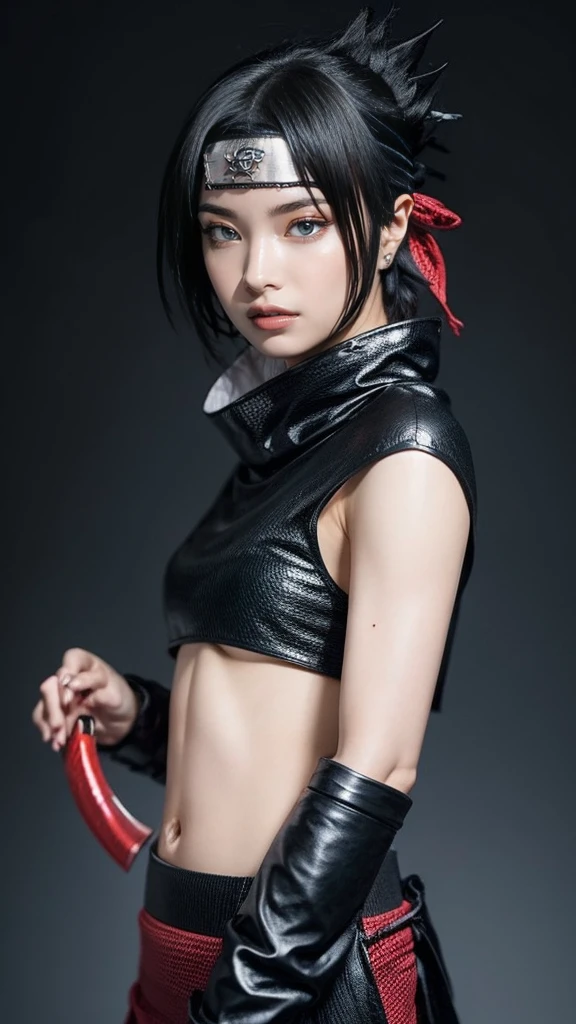 Moisturized skin, (bright gradient eyes), perfect body, adult female body, mature, cold expression,
BREAK,
(beautiful navel), (kunoichi), (ninja), sexy, (kunai), (leather), fishnet, (fishnet stockings: 1.2), (black clothes), bright red lipstick, (ninja clothes: 1.4),
BREAK,
(highly detailed hair: 1.2), spiky black hair, ((wearing a bowl-shaped ornament on the forehead)),
BREAK,
((masterpiece + highest quality + high resolution + highly detailed)), (full body: 1.2), symmetrical, one shot,
BREAK,
(electricity flows), (strong wind blows: 1.5),
BREAK,
(Uchiha Sasuke: 1.3), elegant, ((holding a Japanese sword)), black sword, neon, night city,