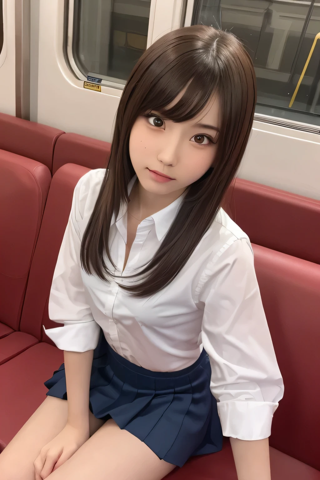 masutepiece, Best Quality, One girl, (a beauty girl, cosplayer:1.3), (16 years old:1.2), Very fine eye definition, (Symmetrical eyes:1.3), (Beautiful scenery, sit on a train long seat), (low angle shot, from below, front view:1.3), (school uniform, white shirt, mini skirt:1.3), Beautiful breasts, Brown eyes, Parted bangs, Brown hair