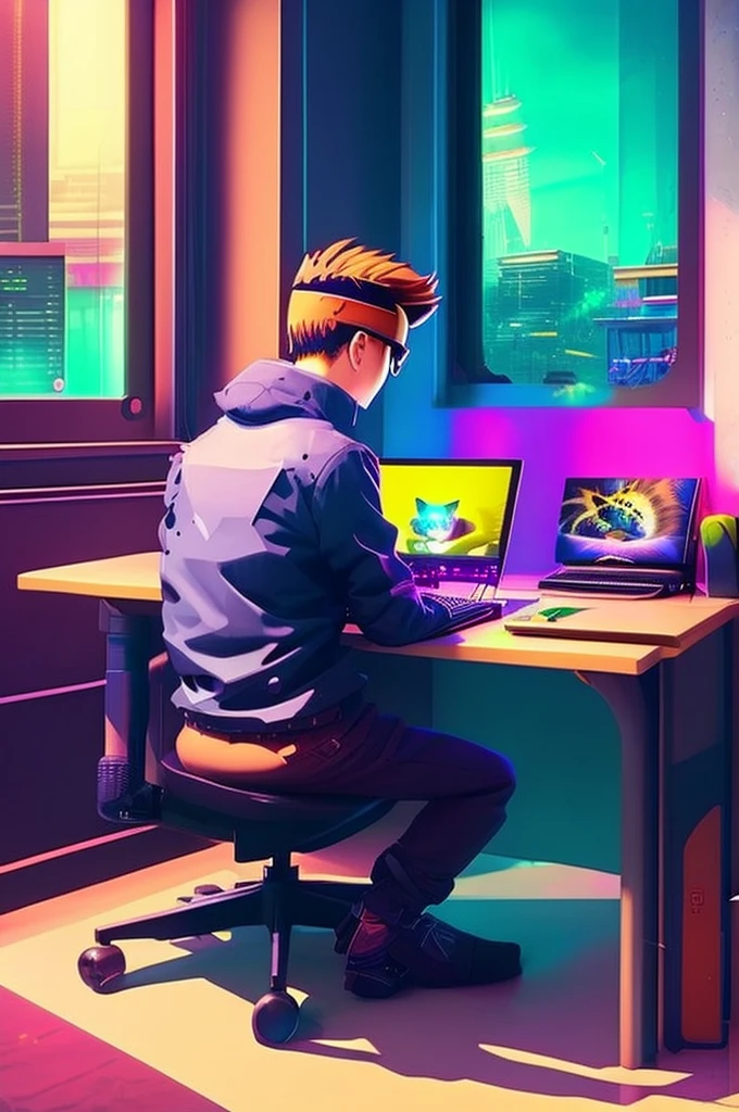 anime boy sitting at a desk with a computer and a cat, cyberpunk art inspired by Cyril Rolando, trending on pixiv, computer art, lofi artstyle, lofi art, anime vibes, gamer aesthetic, lofi vibes, lofi hip hop, lo-fi illustration style, cyril rolando and goro fujita, lofi aesthetic