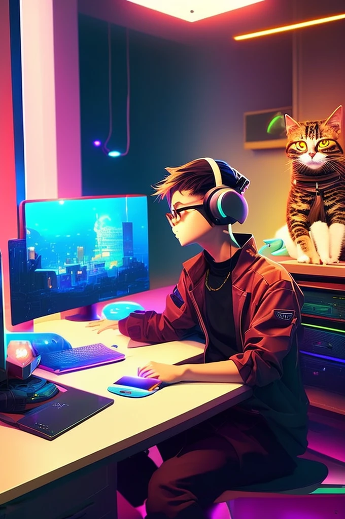 anime boy sitting at a desk with a computer and a cat, cyberpunk art inspired by Cyril Rolando, trending on pixiv, computer art, lofi artstyle, lofi art, anime vibes, gamer aesthetic, lofi vibes, lofi hip hop, lo-fi illustration style, cyril rolando and goro fujita, lofi aesthetic