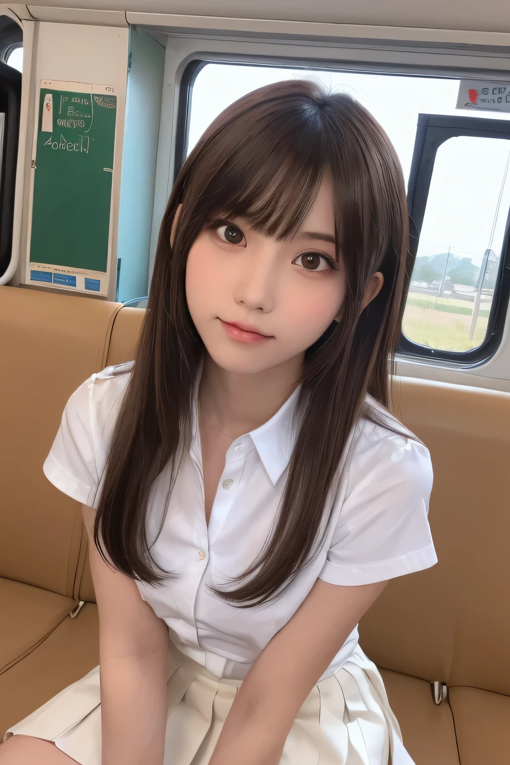 masutepiece, Best Quality, One girl, (a beauty girl, cosplayer:1.3), (16 years old:1.2), Very fine eye definition, (Symmetrical eyes:1.3), (Beautiful scenery, sit on a train long seat), (low angle shot, from below, front view:1.3), (school uniform, white shirt, mini skirt:1.3), Beautiful breasts, Brown eyes, Parted bangs, Brown hair