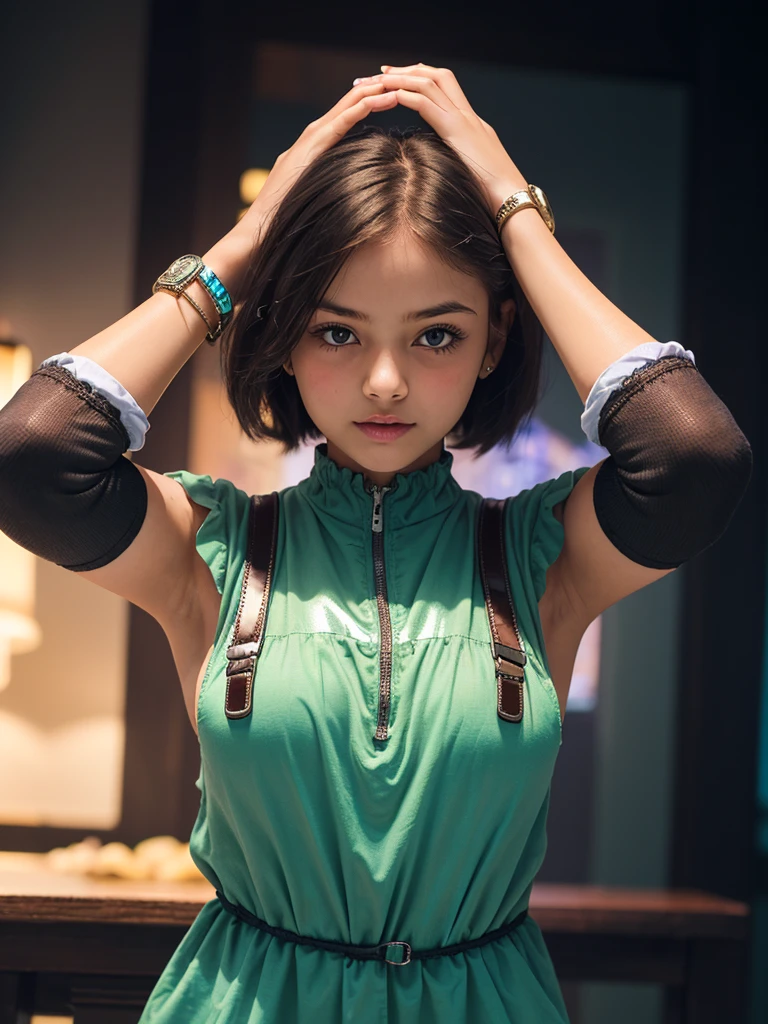 (minor girl with beautiful arms :1.3),(beam face:1.3),(mini strong boobs:1.4), (perfection master force1.3),(beautiful shiny skin:1.3),(aggressive high smock:1.4)