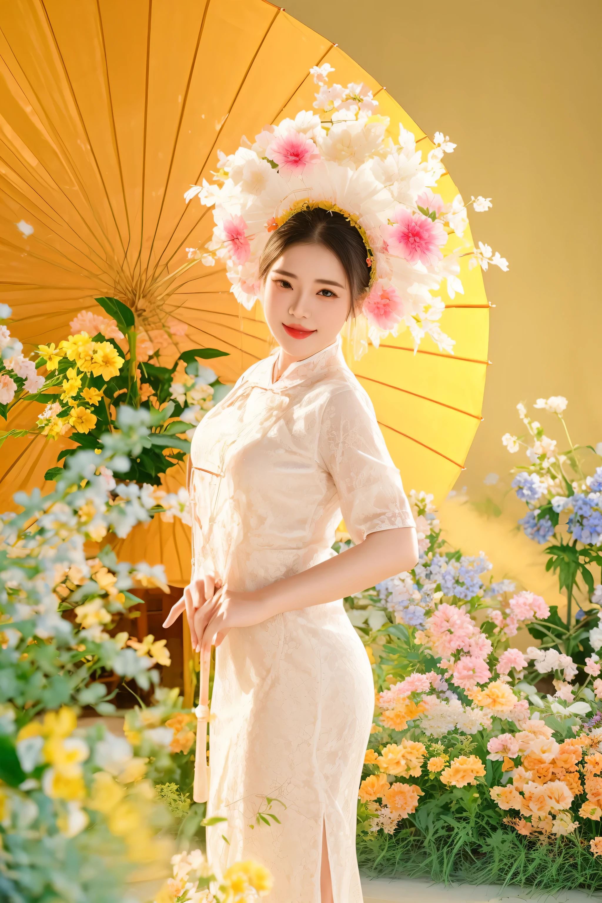 there is a woman in a dress and a hat holding an umbrella, ao dai, cheongsam, white hanfu, in style of lam manh, traditional chinese, traditional chinese clothing, chinese costume, chinese dress, chinese woman, palace , a girl in hanfu, inspired by Xie Sun, with acient chinese clothes