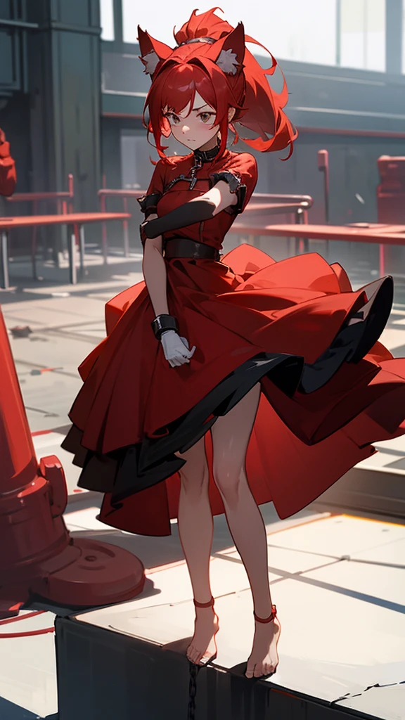A girl with red cat ears, red hair, ponytail, she is wearing a red strapless dress that leaves her thighs and legs and feet exposed, full body, she has her arms half open, her wrists are handcuffed and chained by a metal chain that connects to a steel collar that is around her neck, in a high-class ballroom, there are men in suits in the background and an audience in the background, she is wearing red gloves that go from her hands to half of her arms, she is worried, anxious, barefoot, her hands are half open, fear, standing, american girl