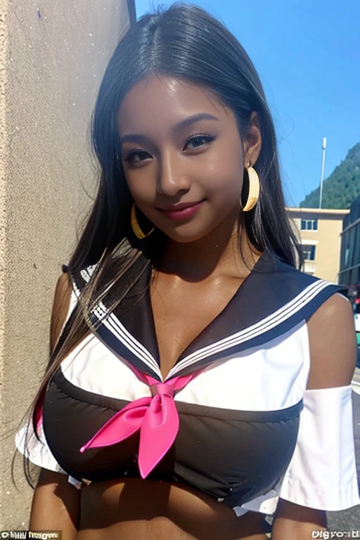 Super huge breasts, ditail lips, pink lips, long hair, cleavage of breasts, beautiful asian girl, gal, shining skin, brown hair, dark skin, tanned skin, brown skin, gigantic breasts, JK , hi-school girl, school student uniform, Chest bulge, 1 girl, heavy makeup, glowy skin, smile, (big breasts:1.5), lipstick, thick lips, white shirt, large earrings, Leaning forward, All upper body, muscular abs, muscular arms, muscular shoulder, sleeveless