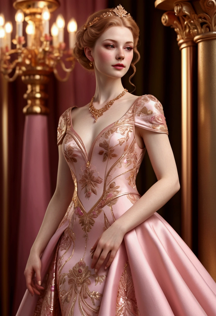 Realistic fair skinned woman in a pink gold and rose gold themed elegant dress