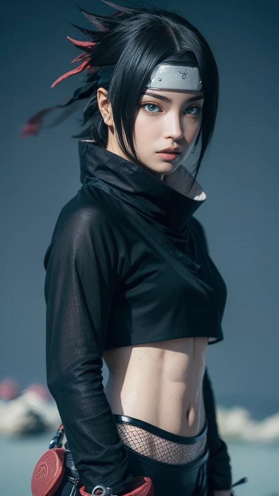 Moisturized skin, (bright gradient eyes), perfect body, adult female body, mature, cold expression,
BREAK,
(beautiful navel), (kunoichi), (ninja), sexy, (kunai), (leather), fishnet, (fishnet stockings: 1.2), (black clothes), bright red lipstick, (ninja clothes: 1.4),
BREAK,
(highly detailed hair: 1.2), spiky black hair, ((wearing a bowl-shaped ornament on the forehead)),
BREAK,
((masterpiece + highest quality + high resolution + highly detailed)), (full body: 1.2), symmetrical, one shot,
BREAK,
(electricity flows), (strong wind blows: 1.5),
BREAK,
(Uchiha Sasuke: 1.3), elegant, ((holding a Japanese sword)), black sword, neon, night city,