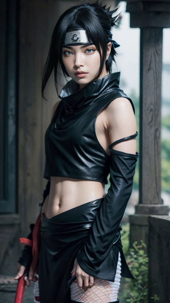 Moisturized skin, (bright gradient eyes), perfect body, adult female body, mature, cold expression,
BREAK,
(beautiful navel), (kunoichi), (ninja), sexy, (kunai), (leather), fishnet, (fishnet stockings: 1.2), (black clothes), bright red lipstick, (ninja clothes: 1.4),
BREAK,
(highly detailed hair: 1.2), spiky black hair, ((wearing a bowl-shaped ornament on the forehead)),
BREAK,
((masterpiece + highest quality + high resolution + highly detailed)), (full body: 1.2), symmetrical, one shot,
BREAK,
(electricity flows), (strong wind blows: 1.5),
BREAK,
(Uchiha Sasuke: 1.3), elegant, ((holding a Japanese sword)), black sword, neon, night city,