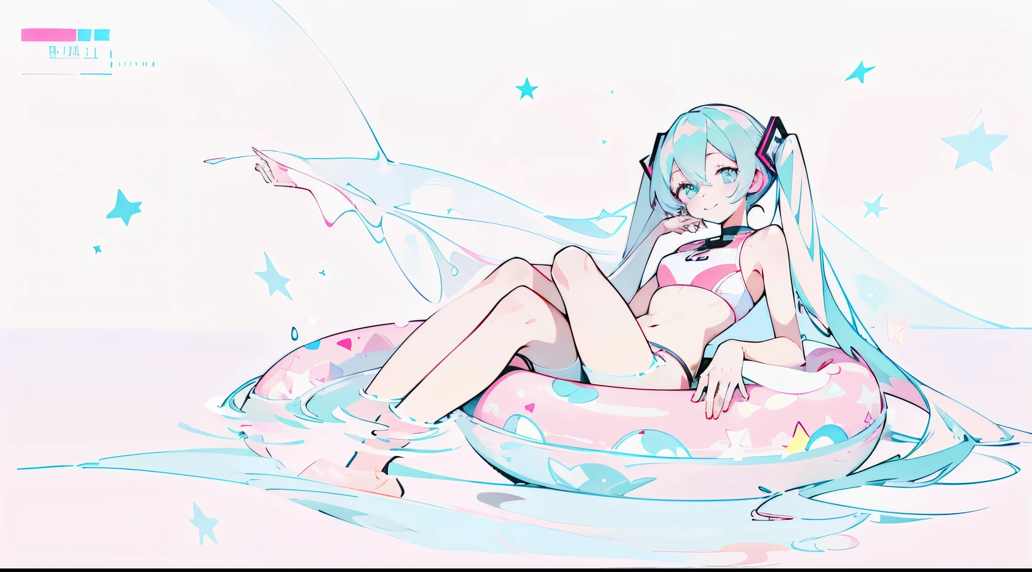 Super beautiful illustrations, Very detailed, 8K picture quality, long hair，hatsune miku, pink and white bikini, techwear style swimsuit，whole body，sittin in an pink inflatible swimming ring, floating in water, Look at the camera，smile, white background, stars decoration, white pink black color scheme 