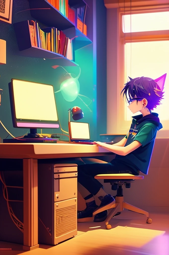 anime boy sitting at a desk with a computer and a cat, lofi artstyle, lofi art, anime vibes, gamer aesthetic, lofi vibes, lofi hip hop, lo-fi illustration style, cyril rolando and goro fujita, lofi aesthetic, trending on cgstation, chillhop, lofi feel, lofi vibe