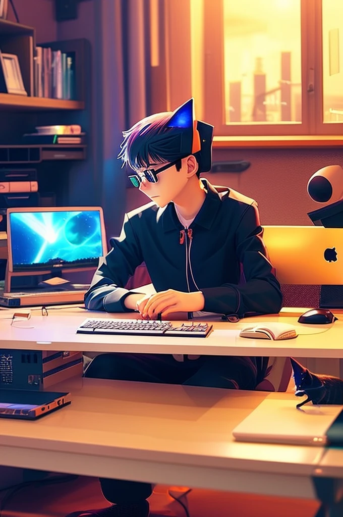 anime boy sitting at a desk with a computer and a cat, lofi artstyle, lofi art, anime vibes, gamer aesthetic, lofi vibes, lofi hip hop, lo-fi illustration style, cyril rolando and goro fujita, lofi aesthetic, trending on cgstation, chillhop, lofi feel, lofi vibe