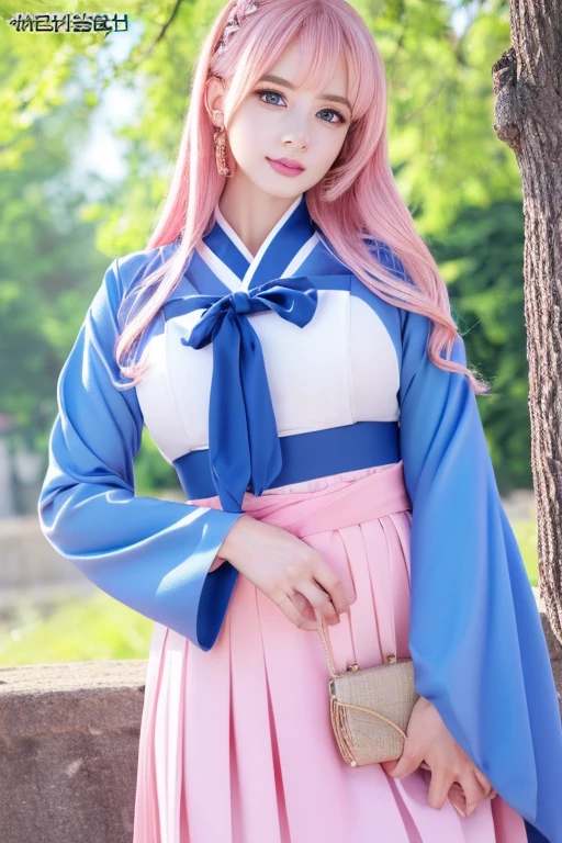 (finely detailed beautiful eyes and detailed face,masterpiece sidelighting,masterpiece,best quality,detailed,high resolution illustration),, (1girl,whole body,bishoujo,lustrous skin,looking down,looking at viewer),, (pink hair,blue eyes,ribbon,hanbok, korean clothes), (clothed_underbust:1.2),underboob,