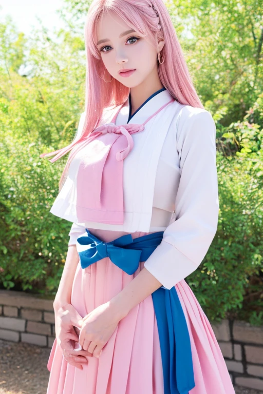 (finely detailed beautiful eyes and detailed face,masterpiece sidelighting,masterpiece,best quality,detailed,high resolution illustration),, (1girl,whole body,bishoujo,lustrous skin,looking down,looking at viewer),, (pink hair,blue eyes,ribbon,hanbok, korean clothes), (clothed_underbust:1.2),underboob,