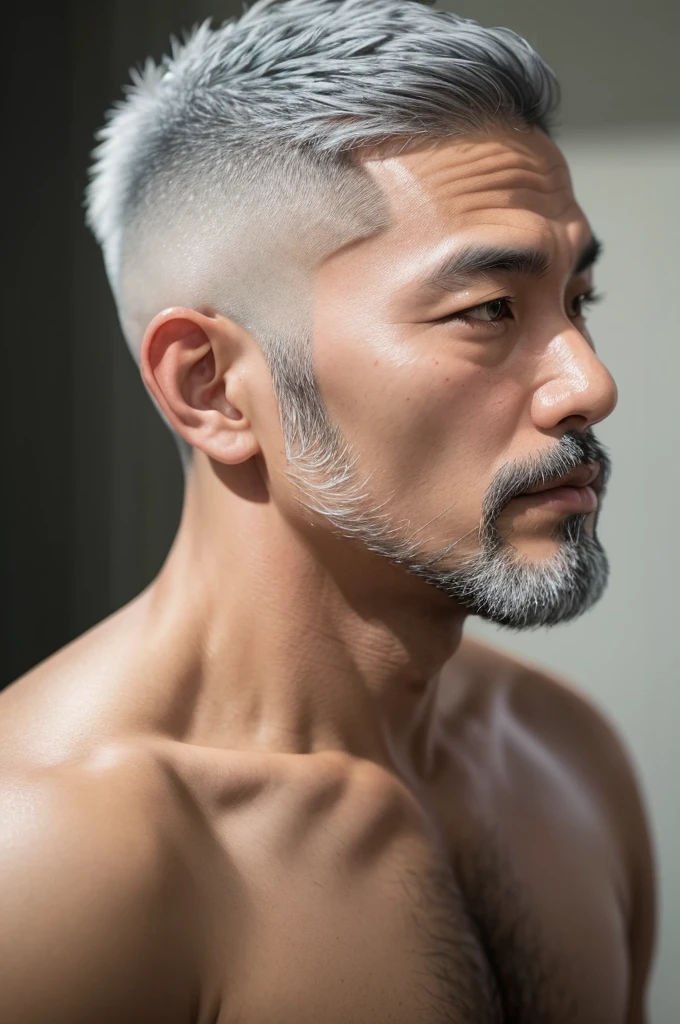 Thai man, 40 years old, Asian, shaved, gray hair.. short beard.  in profile