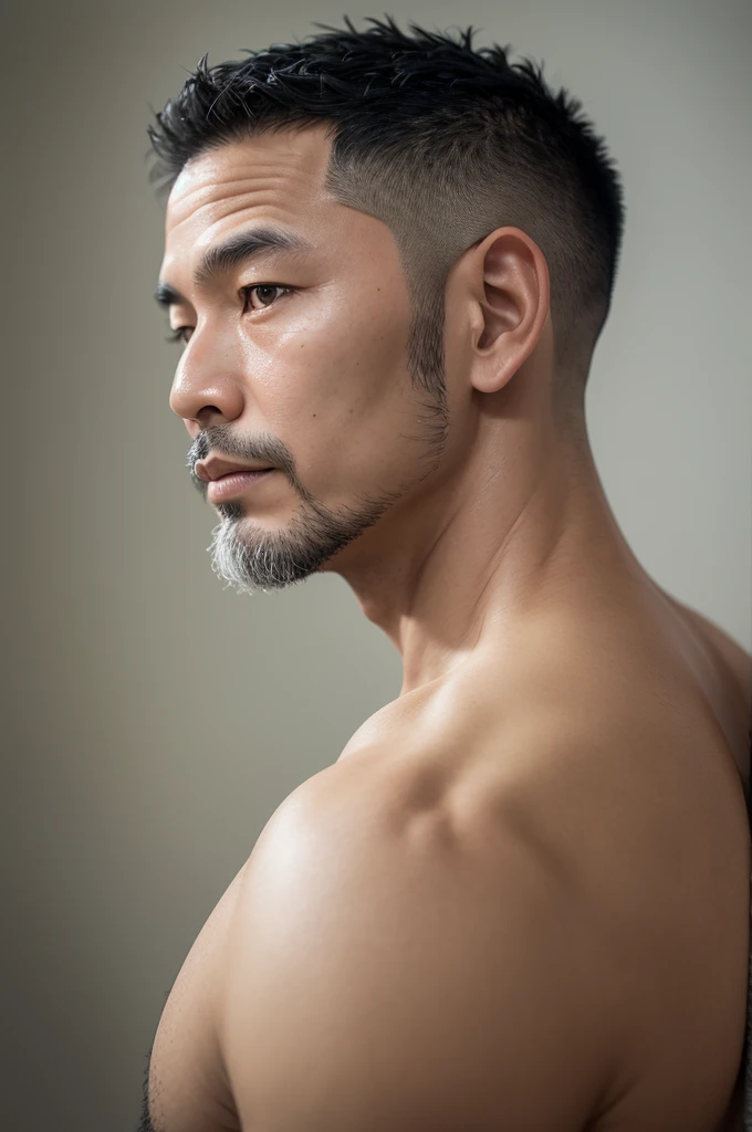 Thai man, 40 years old, Asian, shaved, gray hair.. short beard.  in profile