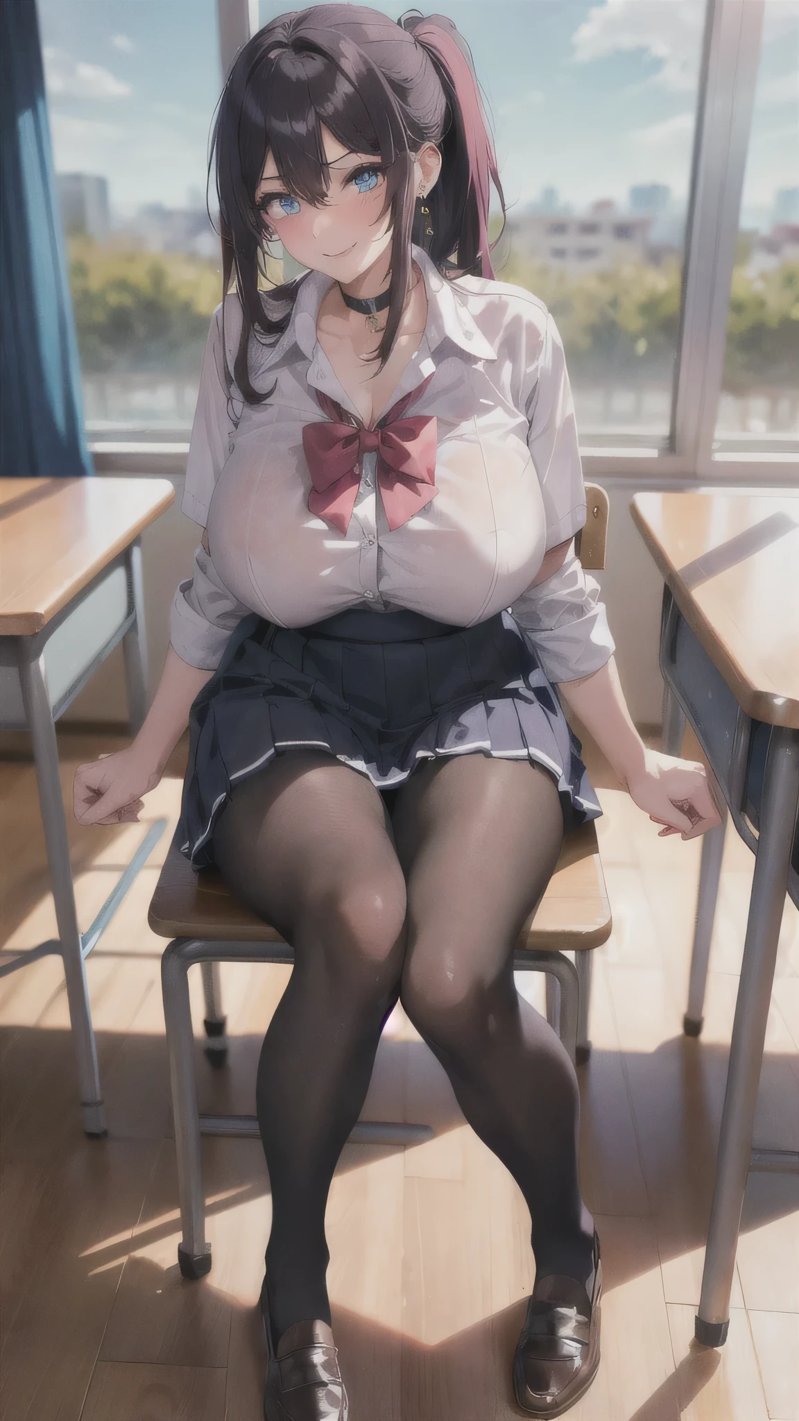 ((high school girl)),((school uniform)),((White blouse)),(((Pleated mini skirt))), ((A shy smile)),((Beautiful legs)),((Beautiful feet)),Ultra-high resolution, Mature Woman, Mature Woman, Very detailed, ((Big Breasts)), Perfect hands, Detailed fingers, Beautiful details, (((school uniform))),((Long Hair)),((ponytail)),Black choker, Earrings,loafers,(Black Pantyhose), (Black Stockings),Perfect Eyes, Seductive eyes, School classroom,Sit on a chair