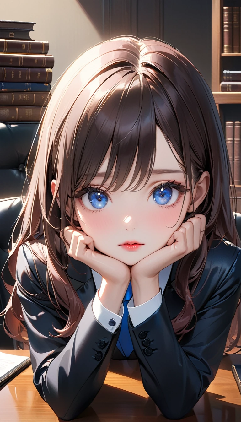 Highest quality, masterpiece, Ultra-high resolution, Realistic:1.2, RAW Photos, Intricate details, Portraiture, Big beautiful blue eyes:1.2, Perfect contours, Girl, break ((facing viewer, upturned eyes:1.2)), ((petite, short, tiny girl:1.2)), Brown Hair、Long Hair, (makeup:1.2, parted mouth, full lips:1.3, pink lips:1.2, shiny rips:1.2), ((Top female lawyers:1.2)), (Luxury shiny black formal suit、Luxurious silk shirt:1.2, Luxury high heels), BREAK ((He is sitting at a very luxurious desk, resting his chin on his hands.、Black leather chair))、On the desk is the complete collection of laws.、The stacks of bills are neatly organized., (Crossing your legs)、((The background is a room in a top law firm.))、