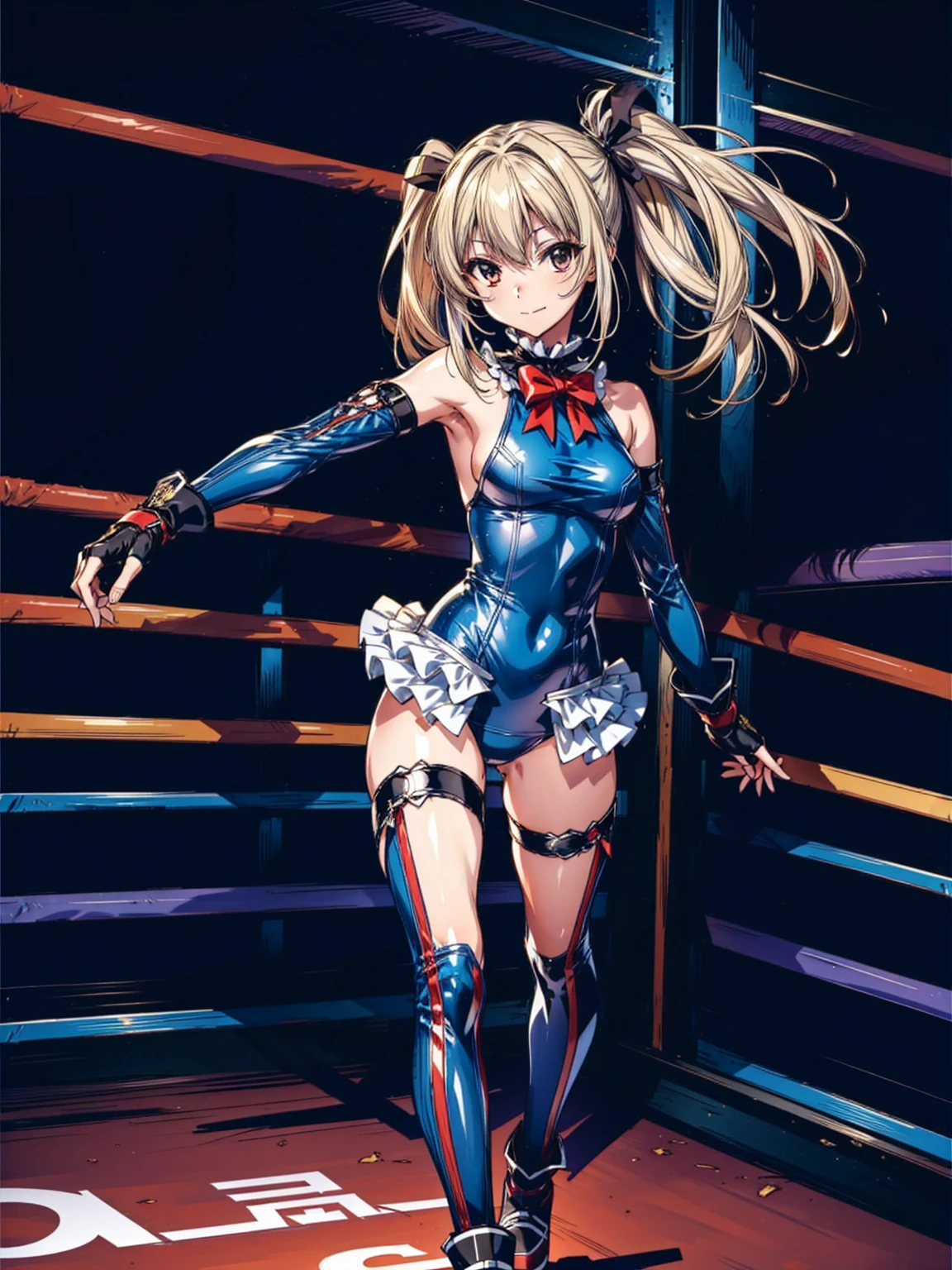 Masterpiece, Very detailed, Highest quality, Sharp focus, 12k, ultra hi resolution picture, big ,12k,Perfect Anatomy, Highest quality, Marie Rose,Emotionless
,,Wicked Smile,Anime Style,(Ruffled swimsuit, Knee socks, Removable sleeves), (Anime Style:1.4) ,
,(White fingers:1.1,Black gloves),
(Inside the fighting arena:1.4),,(whole body:1.3),