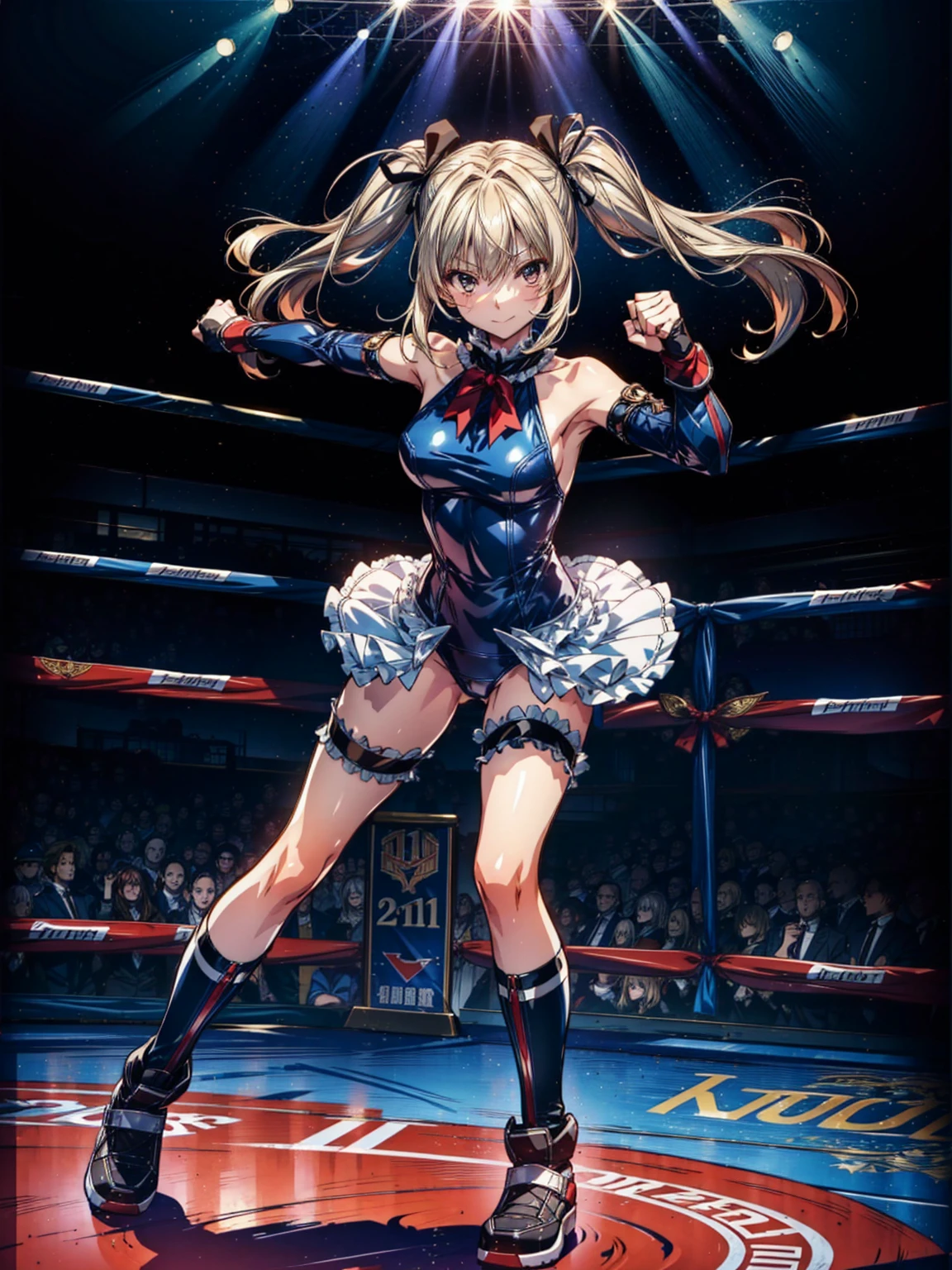 Masterpiece, Very detailed, Highest quality, Sharp focus, 12k, ultra hi resolution picture, big ,12k,Perfect Anatomy, Highest quality, Marie Rose,Emotionless
,,Wicked Smile,Anime Style,(Ruffled swimsuit, Knee socks, Removable sleeves), (Anime Style:1.4) ,
,(White fingers:1.1,Black gloves),
(Inside the fighting arena:1.4),,(whole body:1.3),

