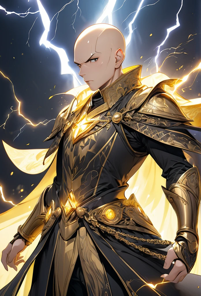 masterpiece, 8k, best quality, highly detailed, illus of a wizard, black, bald, with golden armor, lightning power,