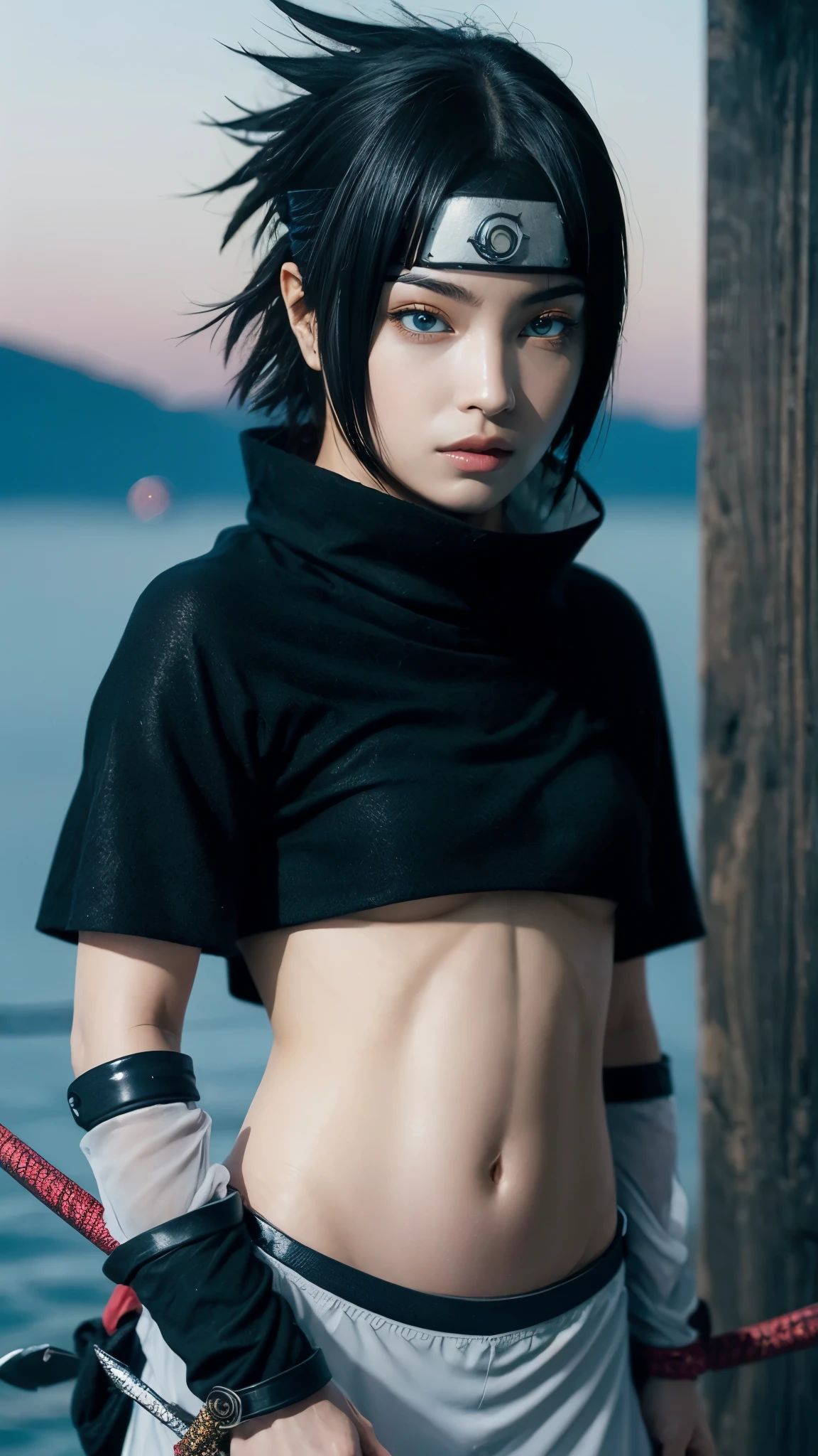 Moisturized skin, (bright gradient eyes), perfect body, adult female body, mature, cold expression,
BREAK,
(beautiful navel), (kunoichi), (ninja), sexy, (kunai), (leather), fishnet, (fishnet stockings: 1.2), (black clothes), bright red lipstick, (ninja clothes: 1.4),
BREAK,
(highly detailed hair: 1.2), spiky black hair, ((wearing a bowl-shaped ornament on the forehead)),
BREAK,
((masterpiece + highest quality + high resolution + highly detailed)), (full body: 1.2), symmetrical, one shot,
BREAK,
(electricity flows), (strong wind blows: 1.5),
BREAK,
(Uchiha Sasuke: 1.3), elegant, ((holding a Japanese sword)), black sword, neon, night city,