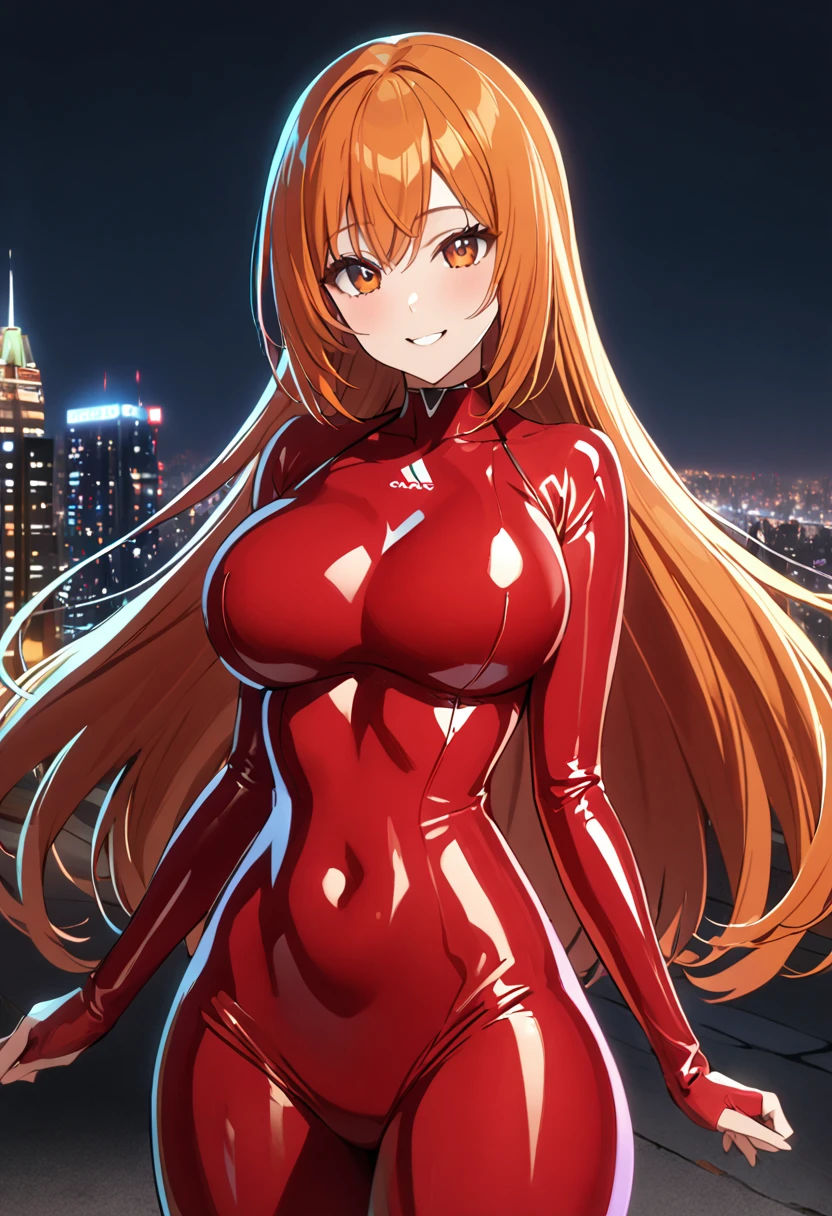 1 woman, solo, tall woman, long orange hair, straight hair ,orange eyes, (Full Breasts), High Height,masterpiece, high resolution, shiny, full body, beautiful,A cute smile that makes the viewer happy, highly detailed beautiful face and eyes,looking at viewer, full bodysuit, latex, (shiny clothes:1.2), outdoors, night, 