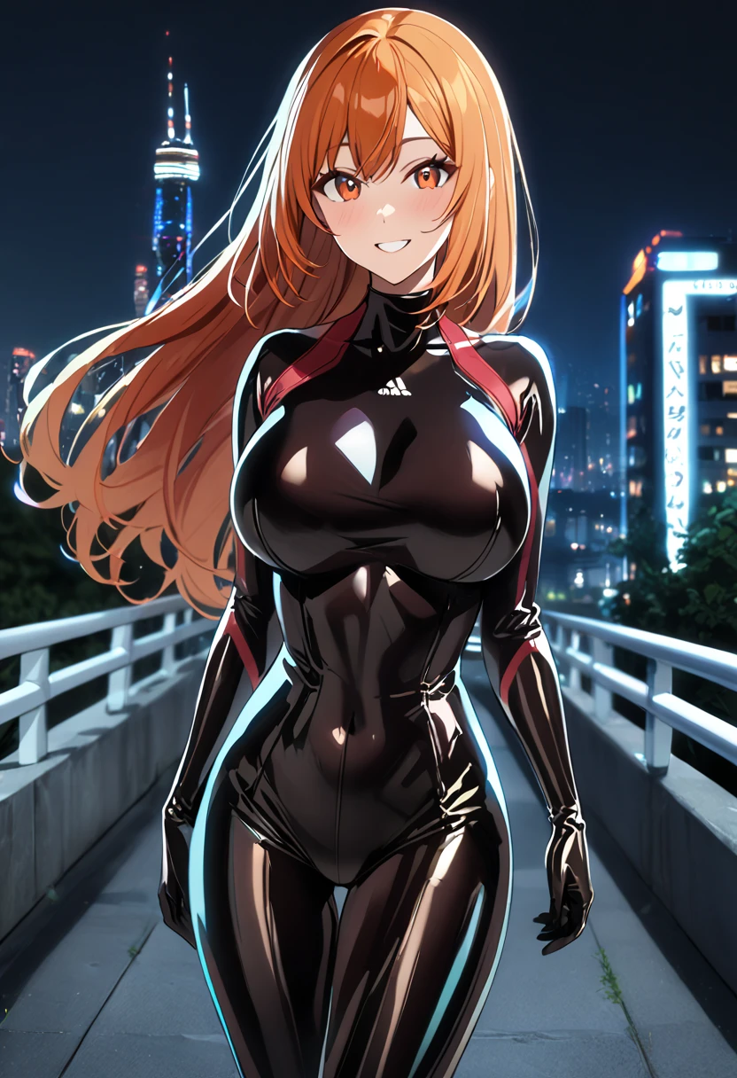 1 woman, solo, tall woman, long orange hair, straight hair ,orange eyes, (Full Breasts), High Height,masterpiece, high resolution, shiny, full body, beautiful,A cute smile that makes the viewer happy, highly detailed beautiful face and eyes,looking at viewer, full bodysuit, latex, (shiny clothes:1.2), outdoors, night, 