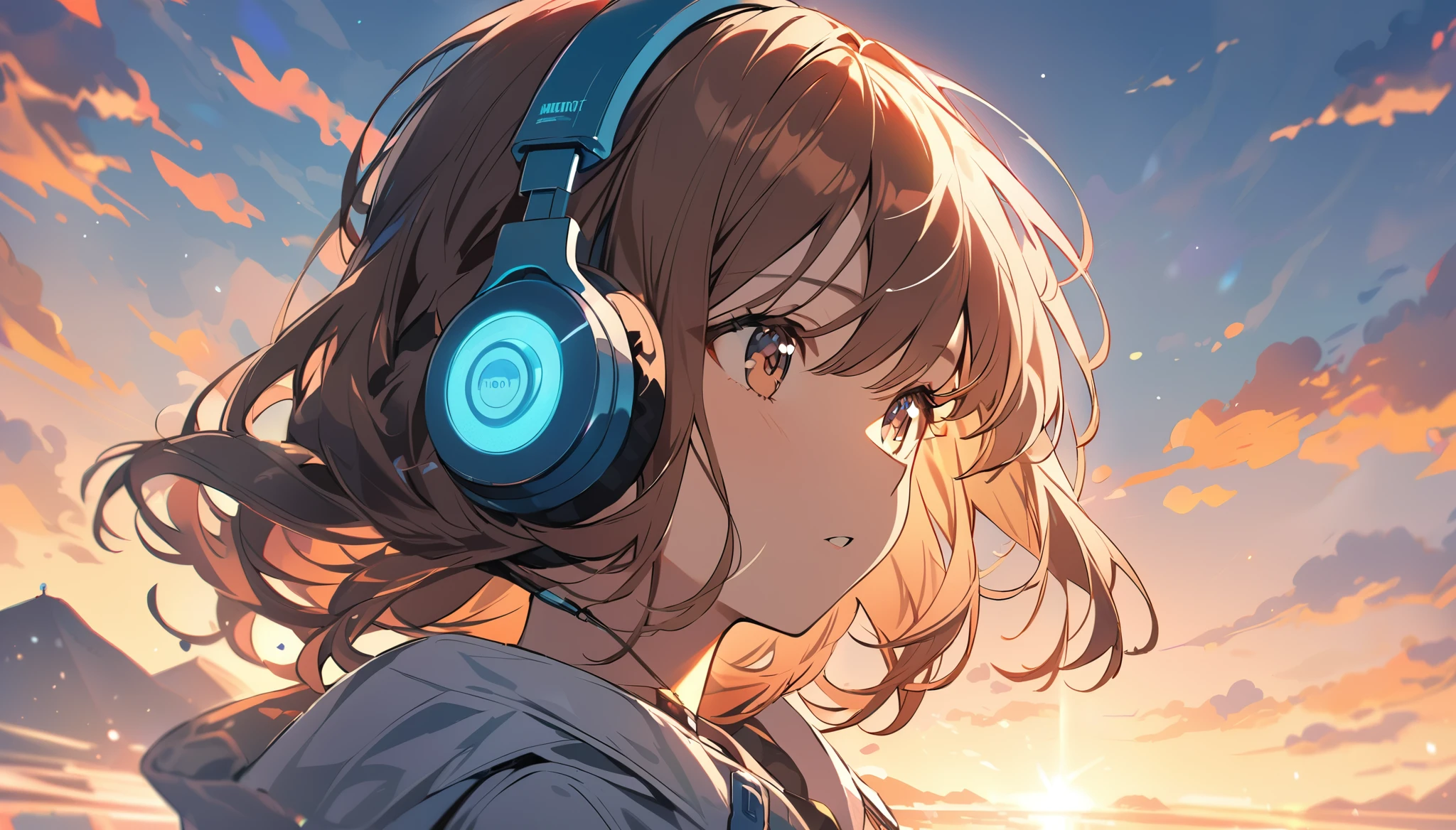 Girl wearing headphones,Brown Hair,1 person,bright,Detailed Background,Enjoy the morning silence