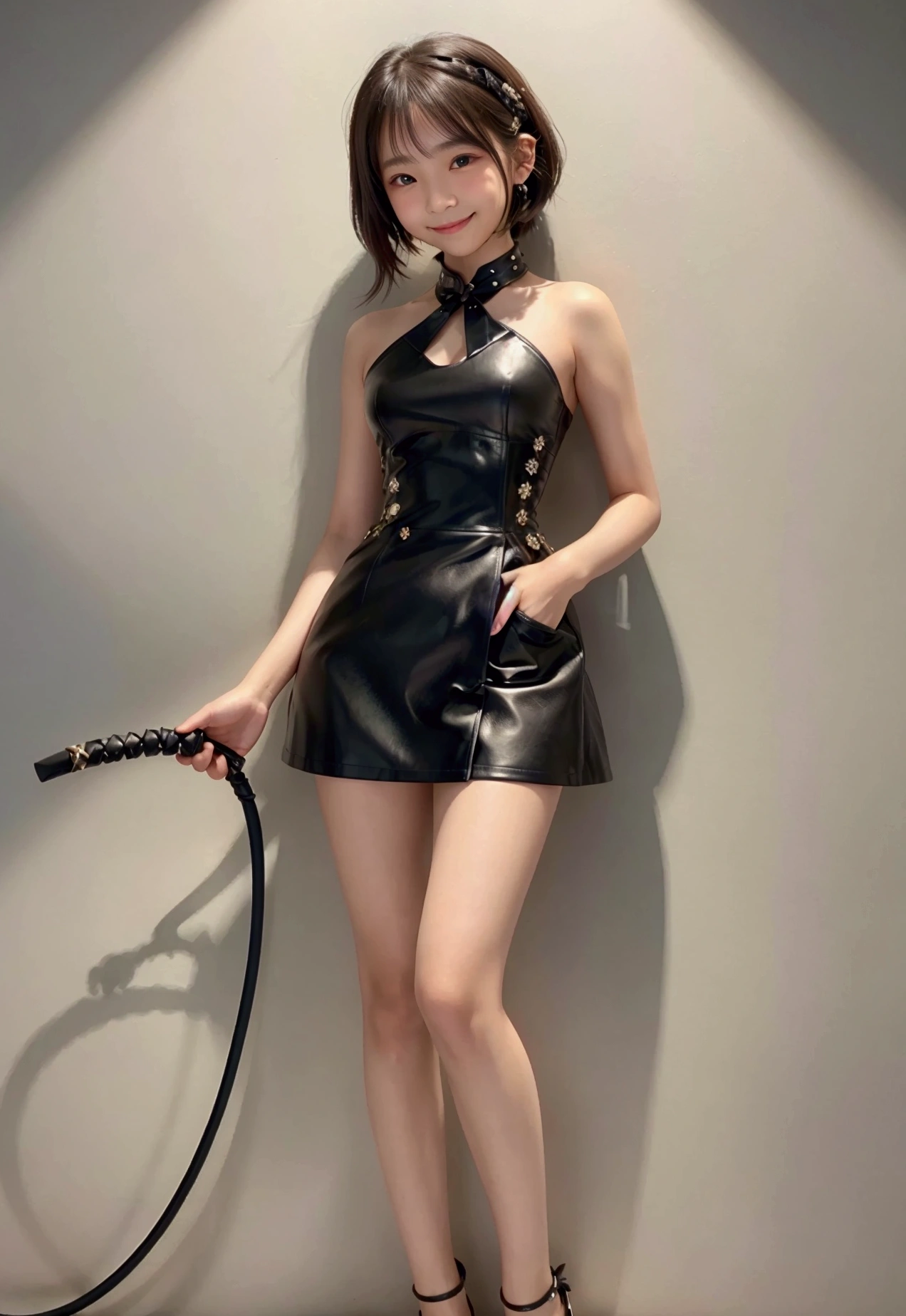 (((Pixel Perfect,Perfect in every detail))), smile,NSWF,lovely,Leather whip,whip!!!!!,cinematic,whipを手に持っている,Full body portrait,長いwhipが床に垂れている,8k, 12 years old, Teen, Idol's face