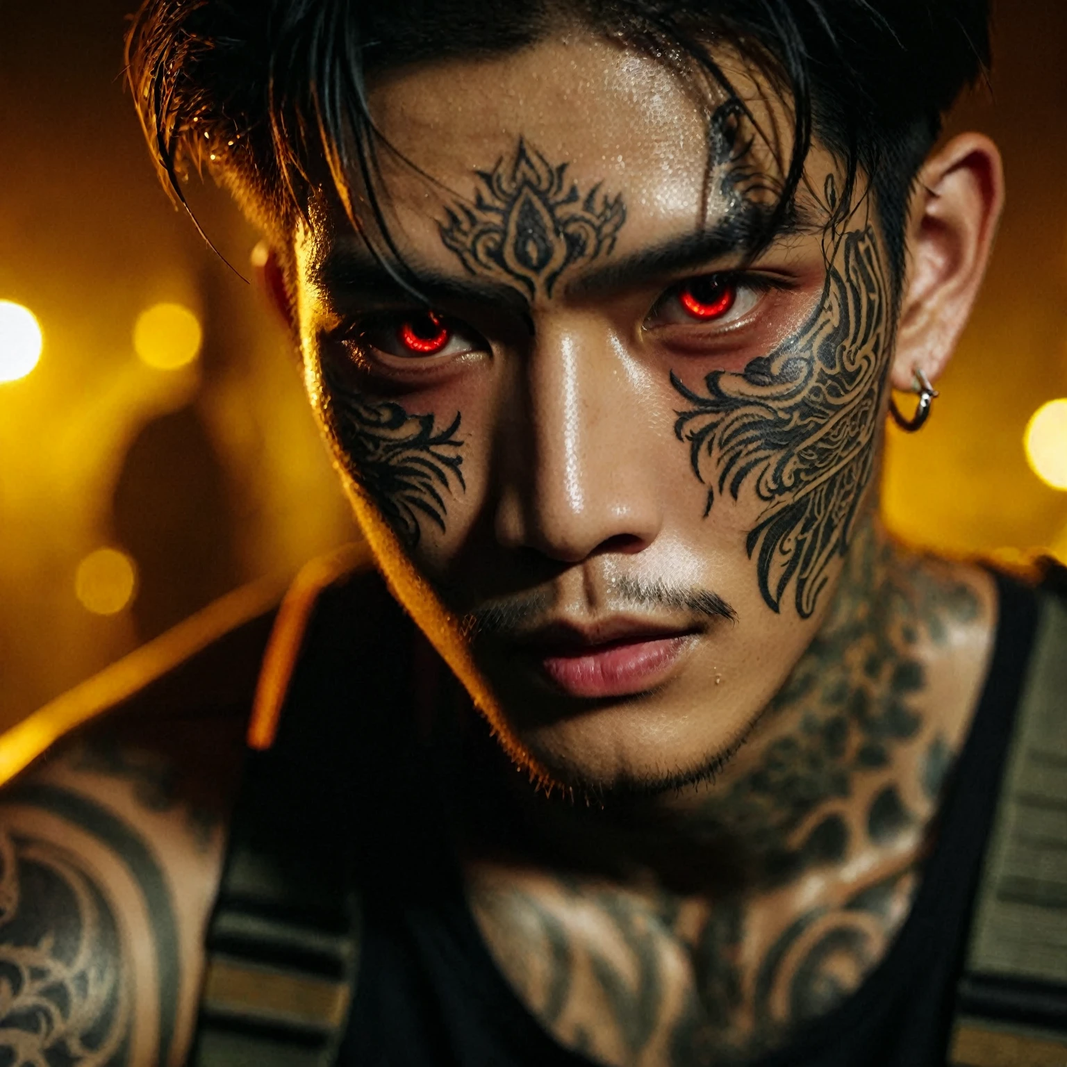 Close-up picture of face; A young Thai man wears a Tosakan mask with detailed tattoos on his face., Wear long pants with sweat all over your face., Atmosphere in a dark room, dim yellow light, Focus on the face, UHD 1536px, High quality movie photos