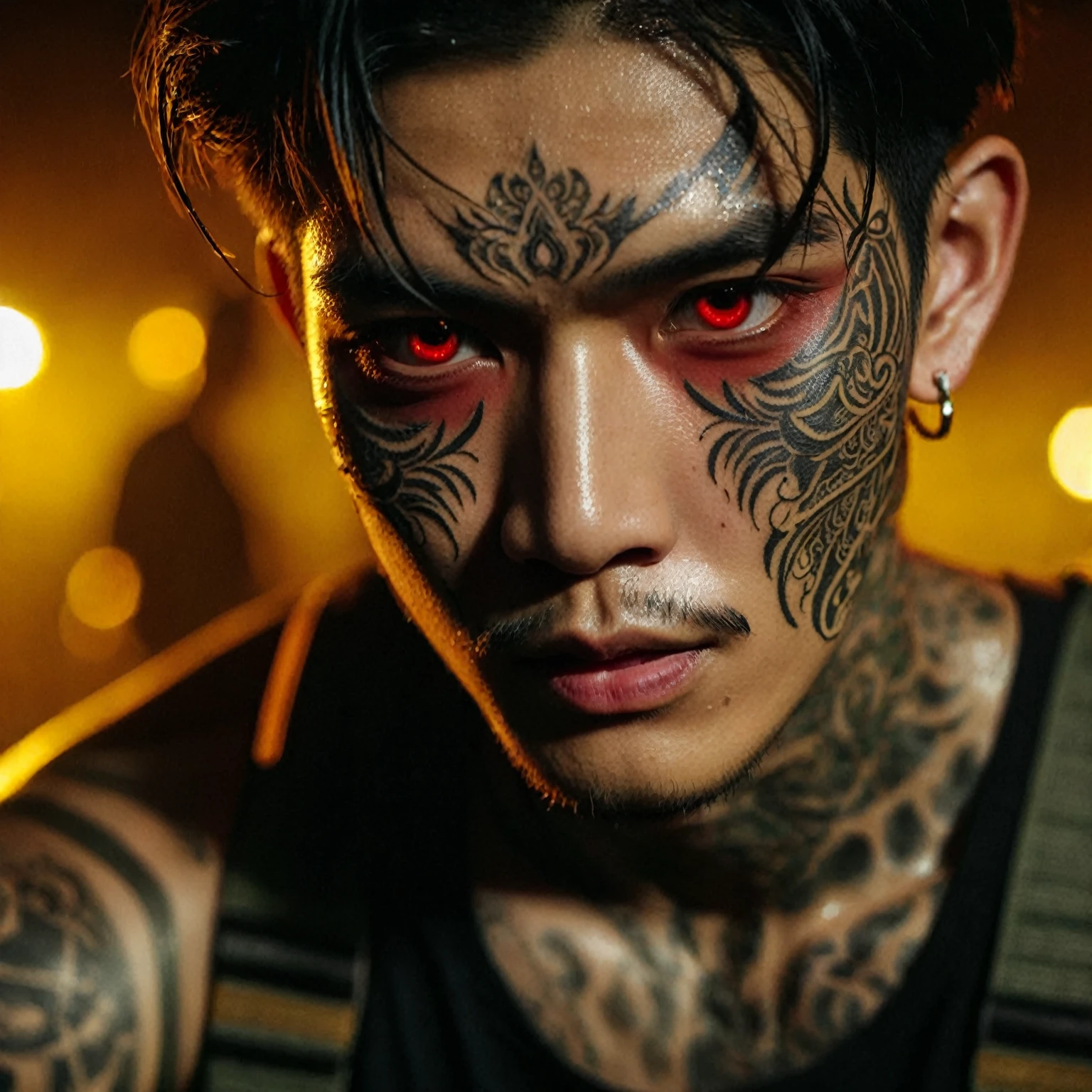 Close-up picture of face; A young Thai man wears a Tosakan mask with detailed tattoos on his face., Wear long pants with sweat all over your face., Atmosphere in a dark room, dim yellow light, Focus on the face, UHD 1536px, High quality movie photos