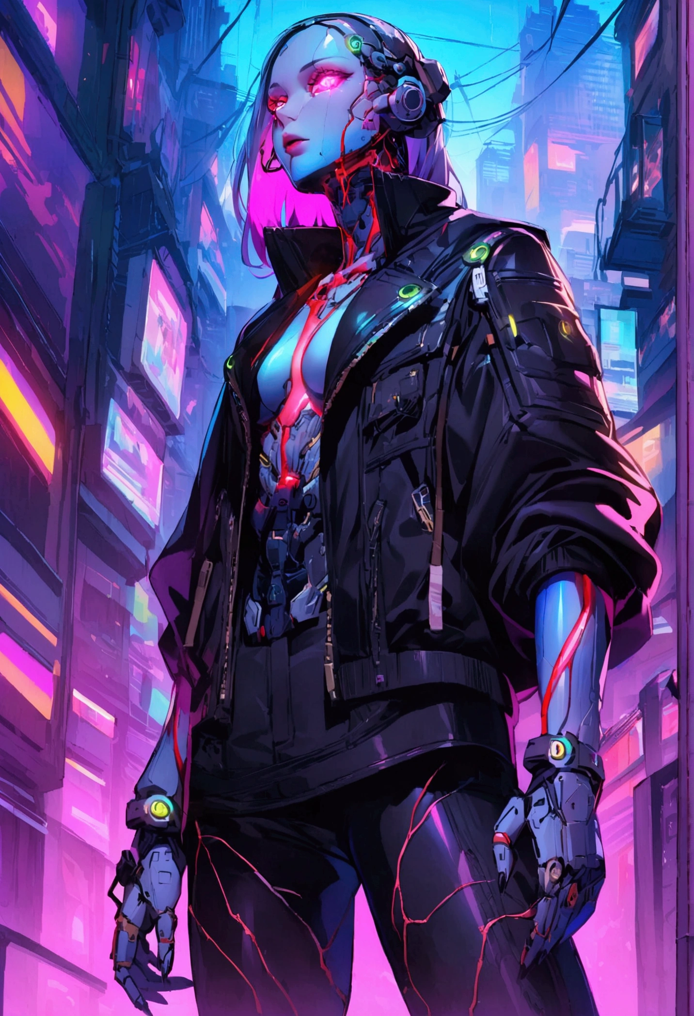 A figure with cyberpunk-style mechanized body parts stands out... His transparent skin reveals circuits and cables, His eyes glow with colored LEDs. The limbs are a mixture of flesh and metal, Equipped with advanced prosthetics and cybernetic interfaces. wearing a black leather jacket, The painting is set in a dystopian urban environment with decaying skyscrapers.. The image represents the fusion of humans and machines in a cyberpunk future world..