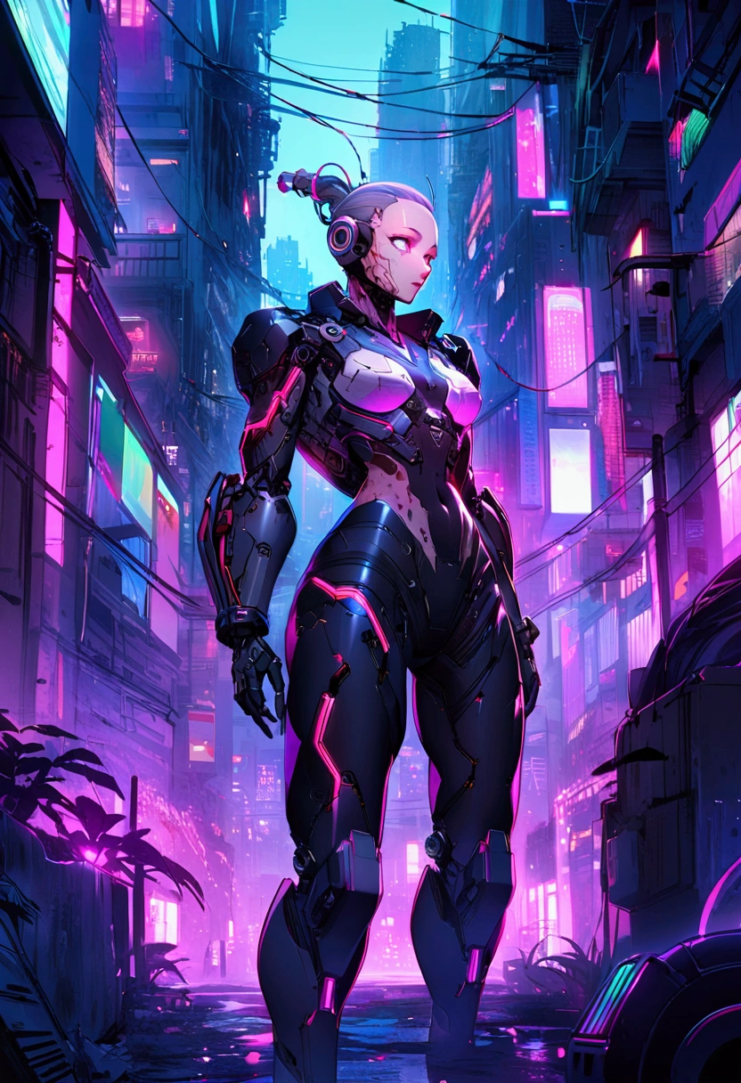 A figure with cyberpunk-style mechanized body parts stands out... His transparent skin reveals circuits and cables, His eyes glow with colored LEDs. The limbs are a mixture of flesh and metal, Equipped with advanced prosthetics and cybernetic interfaces. wearing a black leather jacket, The painting is set in a dystopian urban environment with decaying skyscrapers.. The image represents the fusion of humans and machines in a cyberpunk future world..  