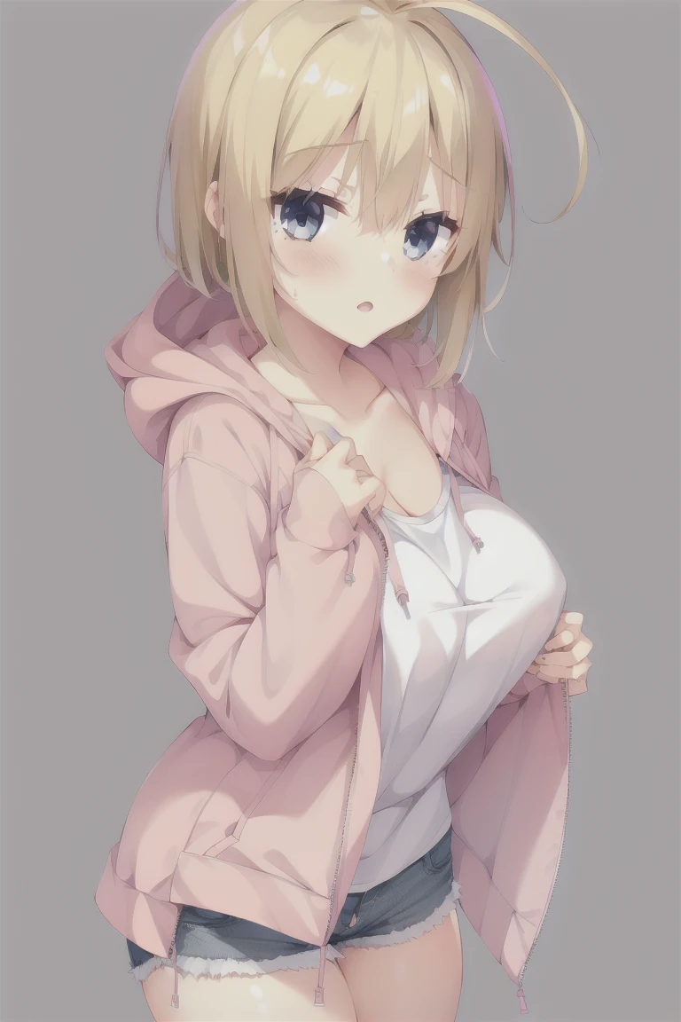 1girl,bangs,独奏,blush,jacket,simple_background,white_background,breasts,cleavage,large_breasts,open_mouth,shorts,eyebrows_ass visible_through_hair,short_hair,ahoge,bionde_hair,long_sleeves,large_breasts,hair_between_eyes,standing,shirt,grey_eyes,white_shirt,collarbone,gray_shorts,parted_lips,hood,hooded_jacket,zipper,animal_hood,hood_up,hoodie,hand_up,outline,short_shorts,denim_shorts,grey_shorts,dolphin_shorts,sleeves_past_wrists,cropped_Legs,sleeves_past_fingers,pink_jacket,pink_hoodie,expensive_solve, clear_image, expensive_Contrast, 8k, Sparkling, beautiful_detailed_face_and_eye, (Blonde:1.25), 白 eye,White background,White background