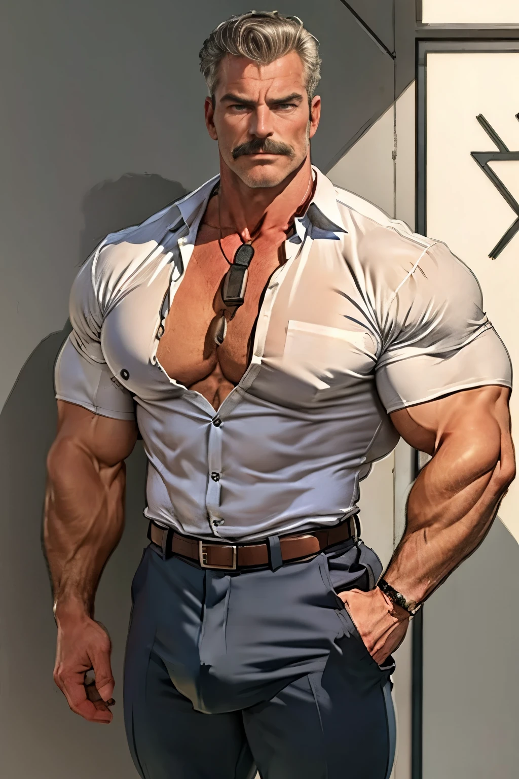 age 60, white man police detective with a mature, kind demeanor, strong and muscular yet chubby build, mustache, wearing dress pants and a buttoned-open translucent shirt that reveals a hairy chest and a noticeable bulge, wearing detective badge on belt, giving off a hint of a horny yet disgusting aura, completing the look with comfortable loafers.