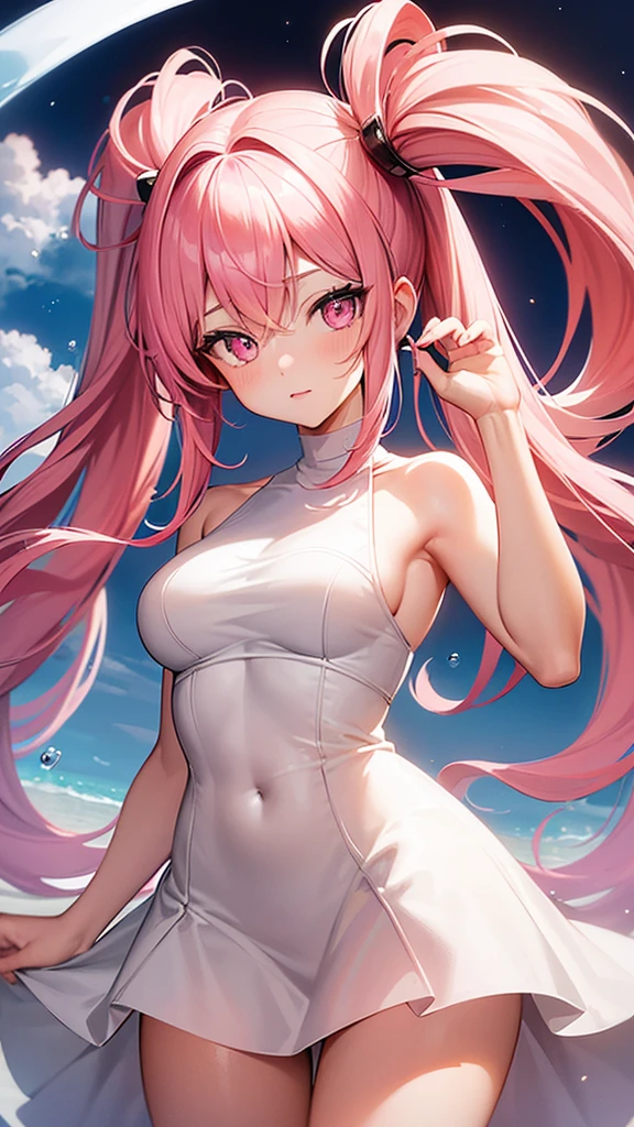 (Highest quality,High resolution,Ultra-detailed,girl),Pink Hair,Height: 160cm,cute,Pink Eyes,Twin tails,Big Breasts,Her eyes are white and shining,Has bright white eyes,Naked and looking at me,Has an embarrassed face，