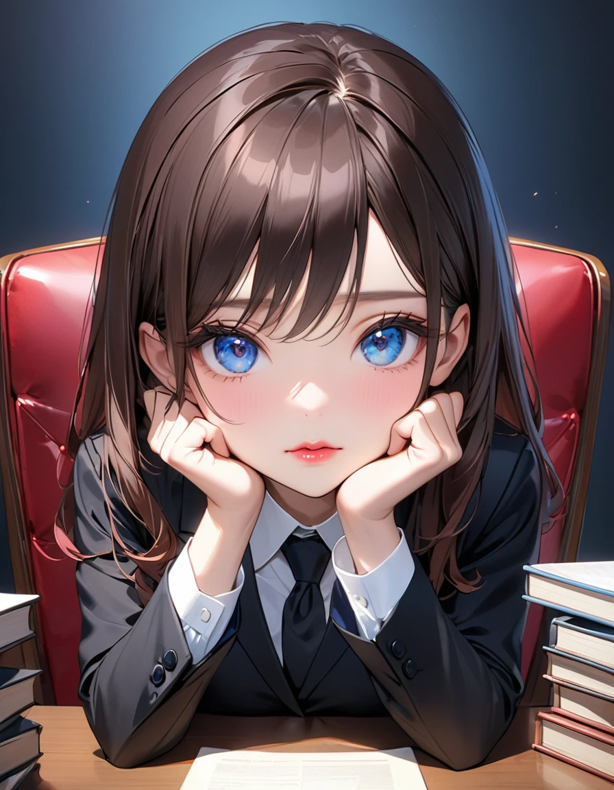 Highest quality, masterpiece, Ultra-high resolution, Realistic:1.2, RAW Photos, Intricate details, Portraiture,　Big beautiful blue eyes:1.2, Perfect contours, Girl, break　((facing viewer,  upturned eyes:1.2)), ((petite, short, tiny girl:1.2)), Brown Hair、Long Hair, (makeup:1.2, parted mouth, full lips:1.3, pink lips:1.2, shiny rips:1.2), ((Top female lawyers:1.2)), (Luxury shiny black formal suit、Luxurious silk shirt:1.2,  Luxury high heels), BREAK ((He is sitting at a very luxurious desk, resting his chin on his hands.、Black leather chair))、On the desk is the complete collection of laws.、The stacks of bills are neatly organized., (Crossing your legs)、((The background is a room in a top law firm.))、