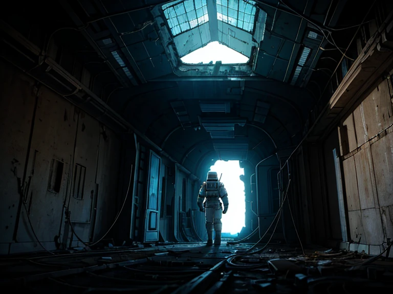 masterpiece, great detail, Astronaut Soldier, White uniform, armor scifi, Alone, abandoned spaceship, wrecked ship, low light, destroyed hallways, Cables, Cables, Lights, darkness