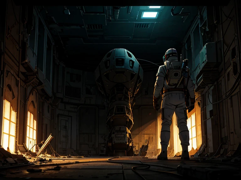 masterpiece, great detail, Astronaut Soldier, White uniform, armor scifi, Alone, abandoned spaceship, wrecked ship, low light, destroyed hallways, Cables, Cables, Lights, darkness