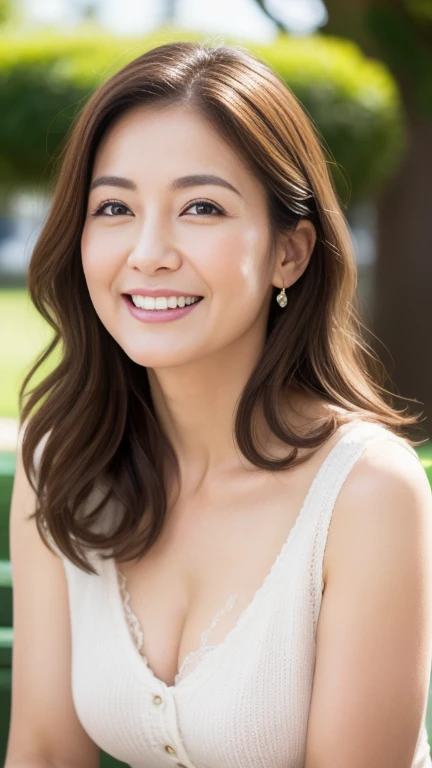 最high quality, In 8K, Masseter muscle area, Lifelike, Sharp focus, high quality, High resolution, Detailed face, Detailed eyes, Thick lips, Background Blur, solo, Middle-aged women, Chubby, 55 years old, , Medium long wavy hair, Cleavage, Wearing a plain short-sleeved knit, Sitting on a park bench, Wrinkles around the eyes, Toothy smile