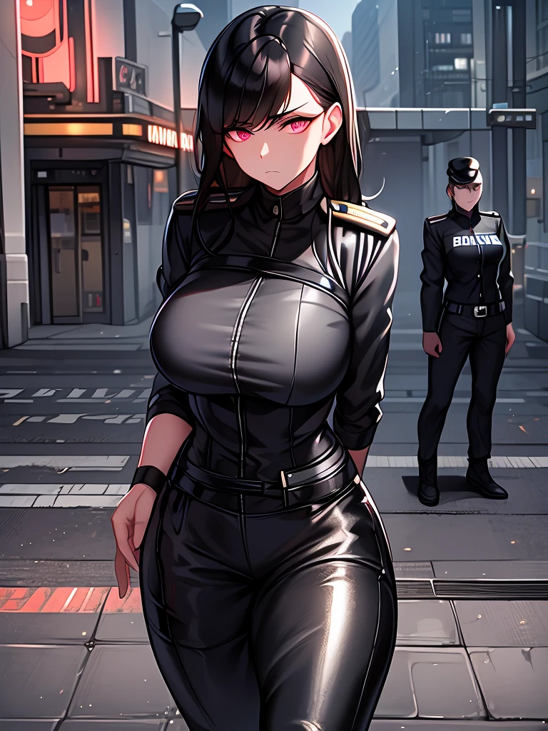 A brave police woman, wearing a black leather outfit tight to her body, with a shiny badge on her chest. His eyes show weariness, but also determination and perseverance. She is standing in the middle of a deserted and gloomy street, with tall buildings all around, creating an atmosphere of imminent danger. The dim lights of the city cast mysterious shadows, revealing only a few details: puddles of water on the street wet by recent rain, a flash of neon reflected in the windows, a danger sign flashing red. The setting conveys a sense of urgency as the police woman looks directly at the viewer, ready to face whatever challenge presents itself.