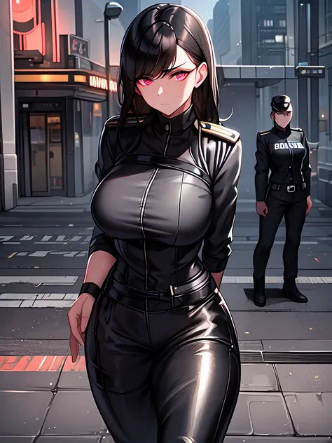 a brave police woman, wearing a black leather outfit tight to her body, with a shiny badge on her chest. his eyes show weariness...