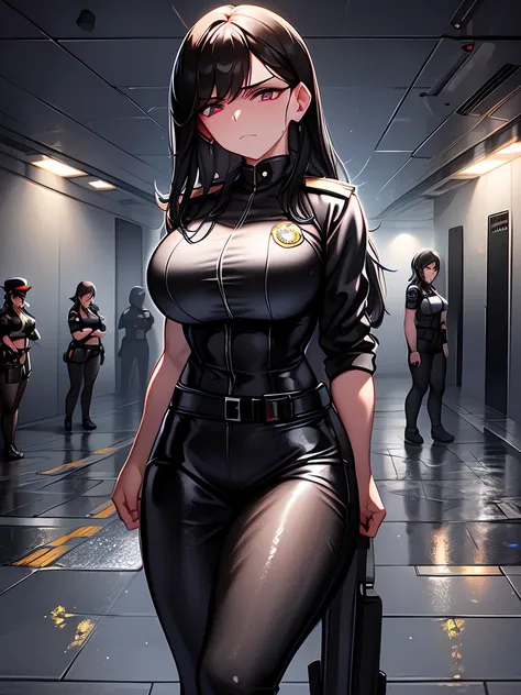 a brave police woman, wearing a black leather outfit tight to her body, with a shiny badge on her chest. his eyes show weariness...