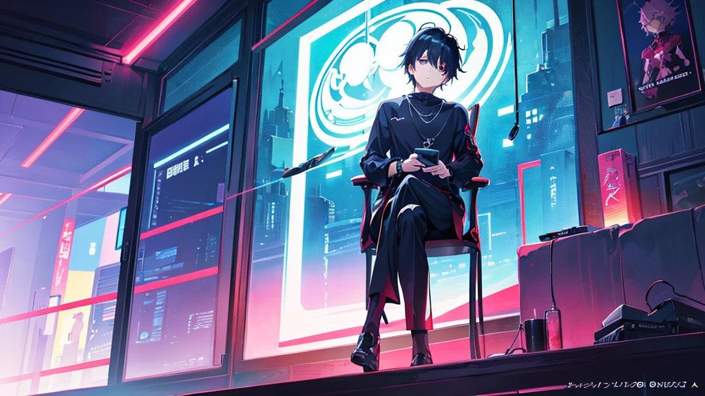 there is a boy sitting on a couch with a cell phone, digital anime illustration, anime boy, artwork in the style of guweiz, looking at his phone, in an anime style, in anime style, anime lover, high quality anime artstyle, anime picture, today's featured anime still, guweiz, high quality fanart, anime artstyle