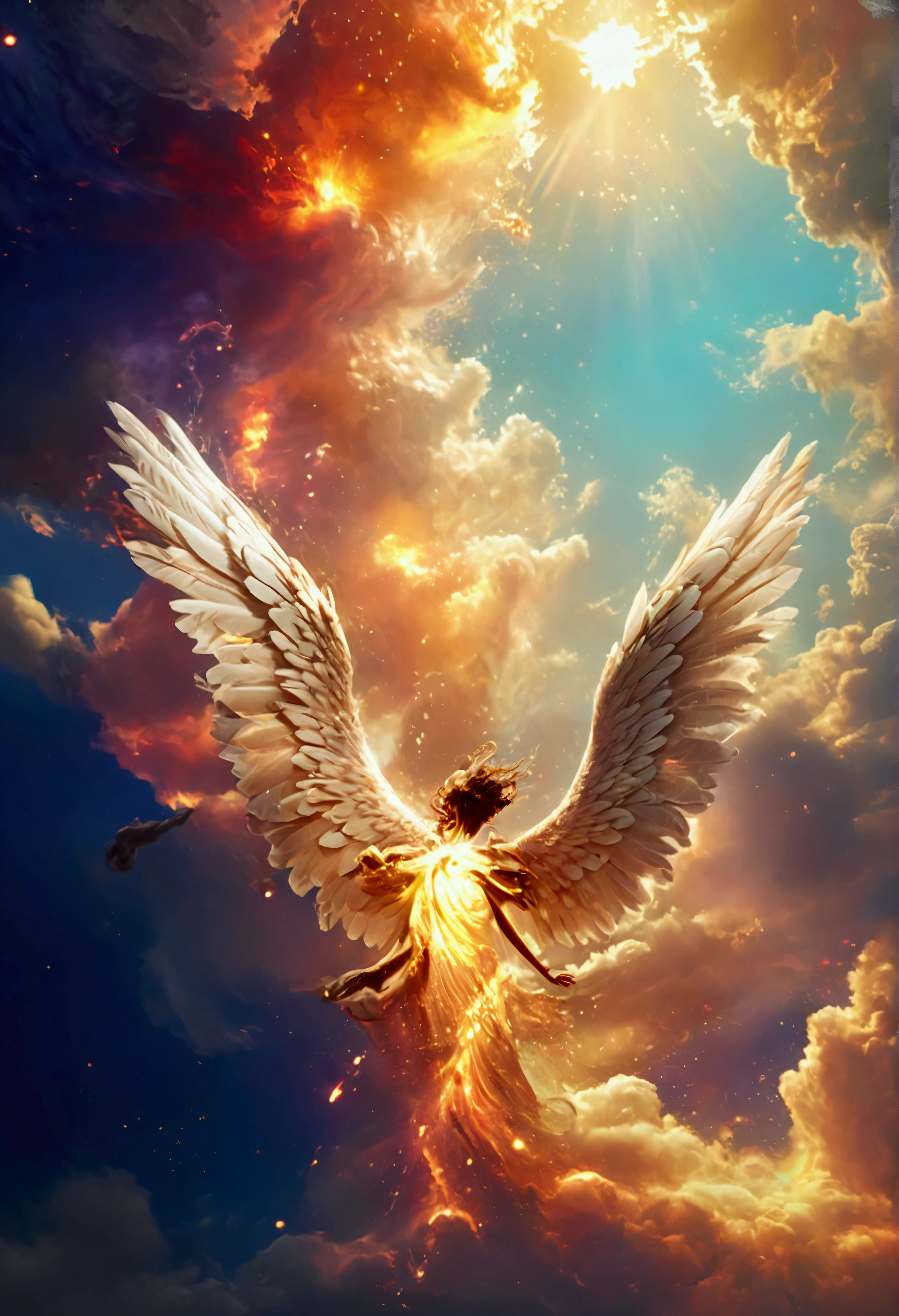 god、heaven、godの栄Light、godの祝福、prosperity、joy、Light、shine、Angel、大Angel、Holy Spirit、The Kingdom of the Millennium、godの言葉、godの叡智,((Top Quality)), ((Masterpiece)), (Details: 1.4), 3d, Thick voluminous hair, light particles, pure energy chaos antitech, HDR (High Dynamic Range), ray tracing, nvidia RTX, super resolution, Unreal 5, subsurface scattering, PBR Texturing, post-processing, anisotropic filtering, depth of field, maximum clarity and sharpness, multi-layer textures, Albedo and specular maps, surface shading, accurate simulation of light and material interaction, perfect proportions, Octane rendering, two-tone lighting, wide aperture, low ISO, white balance, trichotomy, 8K RAW