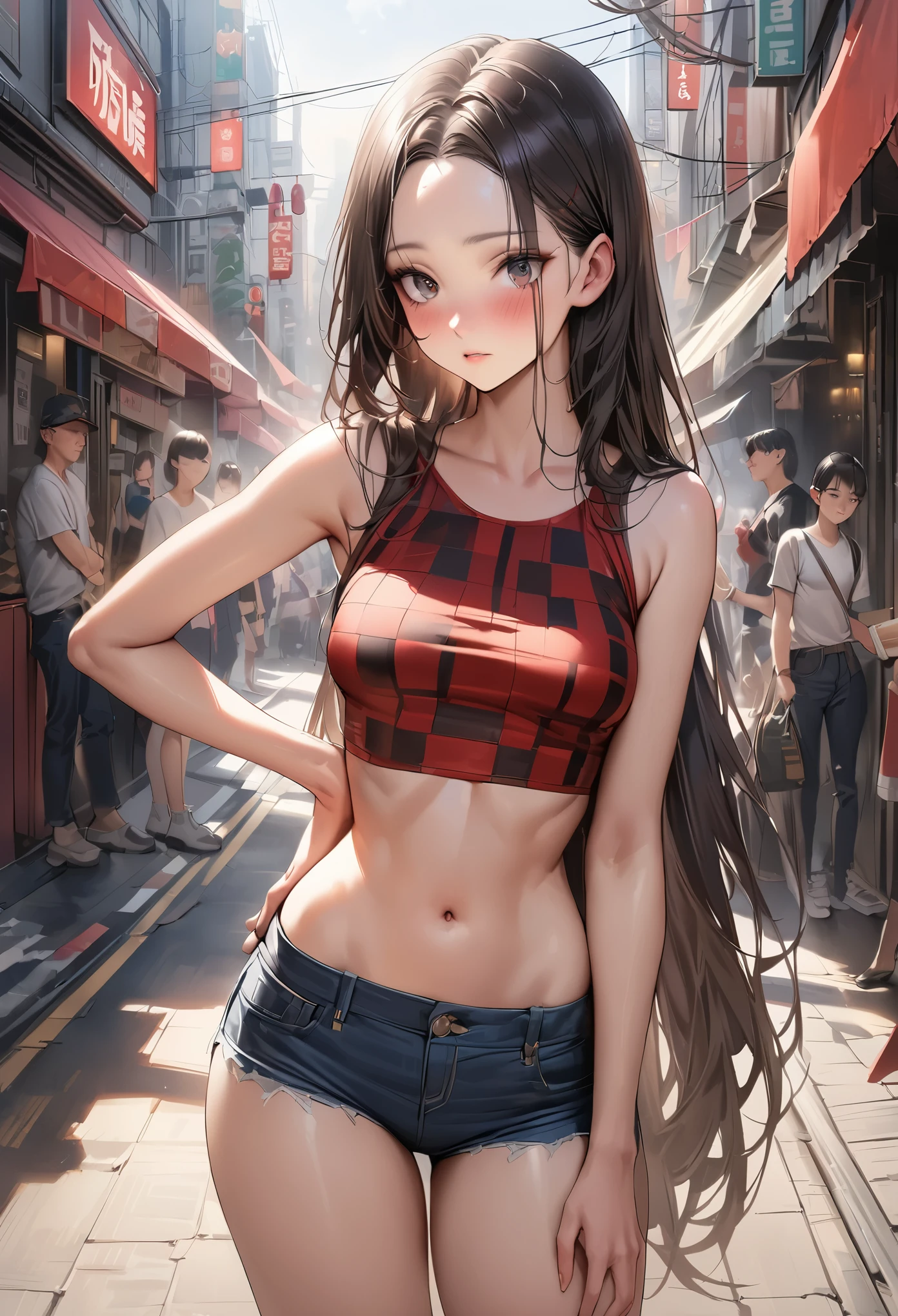 ((masterpiece,Highest quality:1.3,best illustration,realistic)),1woman、独奏,20 year old Japanese beauty,((very small head:1.3)),center parted bangs,forehead,black hair,long hair,black eyes,gorgeous eyes,blush,shy,medium breasts,((very long body:1.3)),((toned body,slender body,skinny)),gleaming skin,shiny skin,oily skin,sweat,(white long sleeve t-shirt、Grey plaid pleated mini skirt),on street,Tokyo、