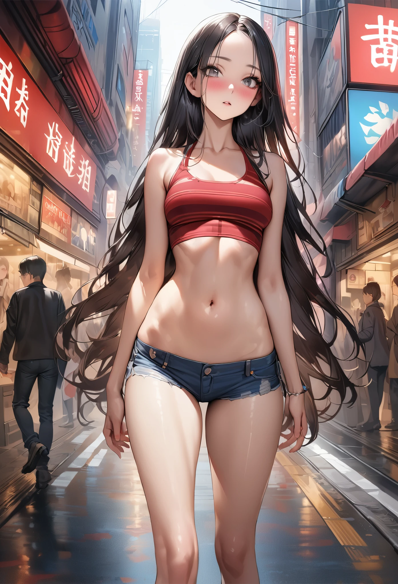 ((masterpiece,Highest quality:1.3,best quality illustration)),realistic,cowboy shot,独奏,1woman,(18 year old beauty),((very small head:1.3)),black hair,long hair,forehead,center parted bangs,black eyes,gorgeous big eyes,blush,((very long body,skinny)),medium breasts,gleaming skin,toned body,slender body,skinny,(Red Checkered Shirt)、Denim mini skirt、navel,on street,Shinjuku、Tokyo、