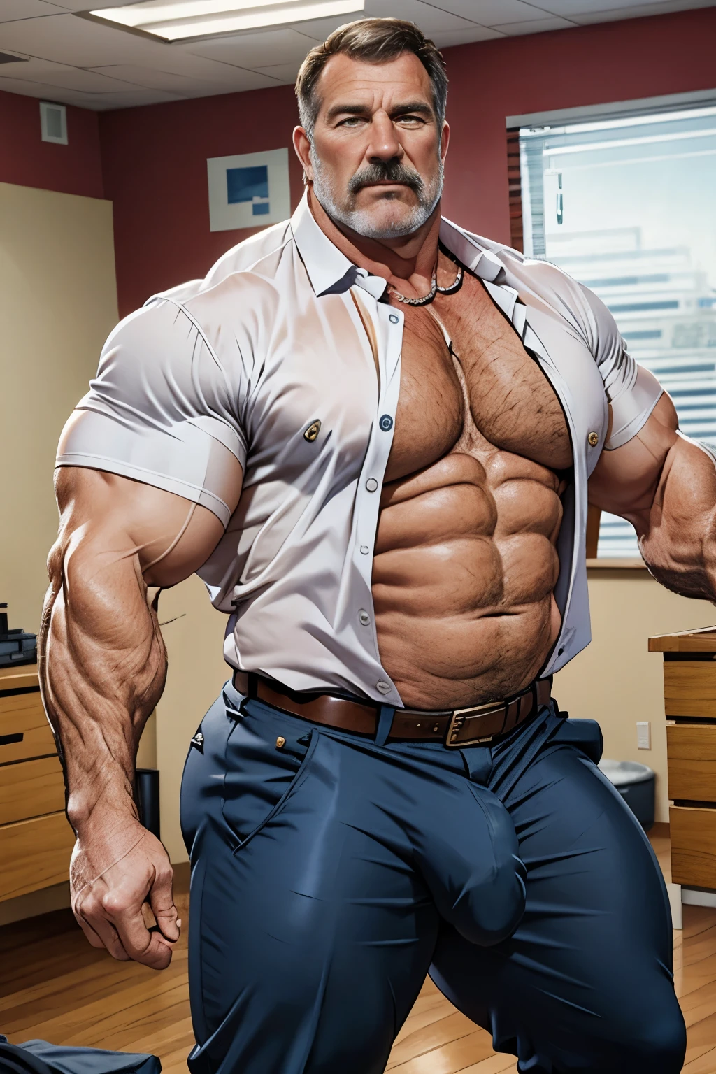 age 60, white man police detective with a mature, kind demeanor, strong and muscular yet chubby build, mustache, wearing dress pants and a buttoned-open translucent shirt that reveals a hairy chest and a noticeable bulge, wearing detective badge on belt, giving off a hint of a horny yet disgusting aura, completing the look with comfortable loafers.