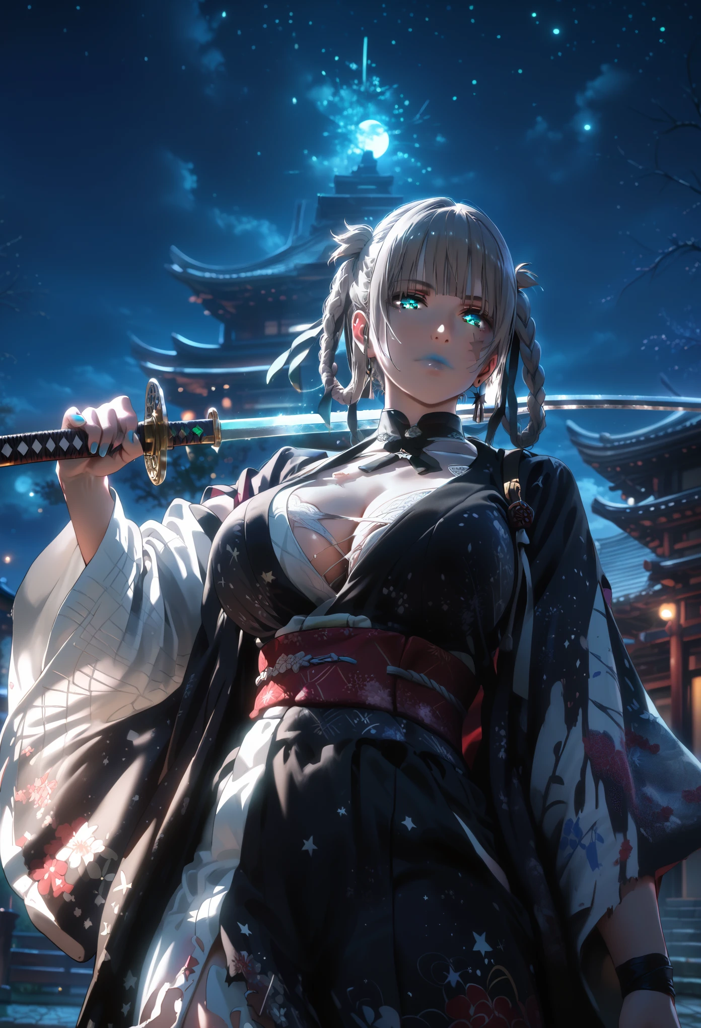 (hero neisan art style:0.7), (harayutaka art style:0.7), score_9, score_8_up, score_7_up, score_6_up, uncensored, kirari, braid, makeup, twin braids, blunt bangs, aqua nails, aqua eyes, blue lips, hair ribbon, grey hair, nail polish, BREAK (masterpiece:1.2), best quality, high resolution, (detailed eyes:1.3), perfect lighting, (perfect hands, perfect anatomy), large breasts, night, sword, 1girl, katana, night_sky, solo, japanese_clothes, sky, cleavage, wide_sleeves, sheath, earrings, star_(sky), over_shoulder, looking_at_viewer, detached_sleeves, moonlight, outdoors, shaded face, looking down, expressionless, lips, torn clothes, burn scar, glowing sword, bokeh, shimmering light, sparkle,
